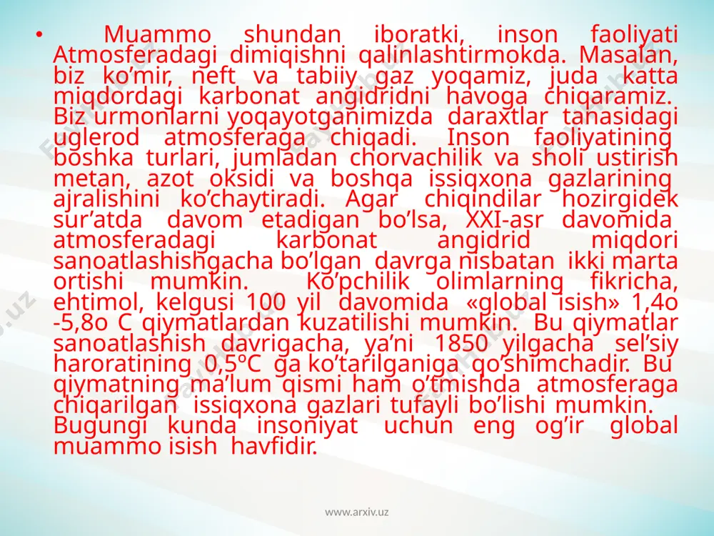 lar chiqarish bilan bir qatorda atmosferadan juda katta miqdorda kislorod yutadi, masalan, bir tonna cho’yanni rudadan ajratib olish uchun 150 m3, bir tonna po’lat olish uchun 35-70 m3, bir tonna ammiak olish uchun 500 m3 va bir tonna atsetilen olish uchun 3600 m3 kislorod ketadi. po’lat eritib olish uchun kislorodga bo’lgan talab keyingi yillarda 2,6 marta, domna pechlarida 4,2 marta oshdi. umuman sanoat tarmoqlarida kisloroddan foydalanish keyingi besh yil ichida besh baravarga oshdi. mutaxassislarning ma’lumotlariga qaraganda, har yili bizning respublikamizning atmosfera havosiga to’rt million tonnaga yaqin zararli moddalar qo’shilmoqda. shundan 50% i uglerod oksidi, 15% i uglevodorod chiqindilari, 14% i oltingugurt oksidi, 9% i azot oksidi, 8% i qattiq moddalar va 4% ga yaqini o’ziga xos o’tkir zaharli moddalardir. respublikada havoni bulg’ayotgan 3500 doimiy manba bo’lib, ularning yarmiga yaqini chang va turli xil zararli gazlarni tutib qoluvchi va tozalovchi moslamaga ega. bu moslamalarning 4,1 qismi samaradorligi juda past. atrof-muhitning me’yoridan …
