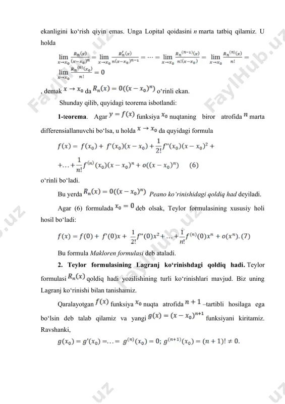 atlarida rn(x) yetarlicha kichik bo‘lar ekan. shunday qilib, x0=0 nuqta atrofida f(x) funksiyani f(0)+ f’(0)x+ f’’(0)x2+ ... +f(n)(0)xn ko‘phad bilan almashtirish mumkin. natijada funksiyaning x nuqtadagi qiymati uchun f(x) f(0)+ f’(0)x+ f’’(0)x2+ ... +f(n)(0)xn taqribiy formula kelib chiqadi. bu formula yordamida bajarilgan taqribiy hisoblashdagi xatolik |rn(x)| ga teng bo‘ladi. 3-misol. e0,1 ni 0,001 aniqlikda hisoblang. yechish. ex funksiyaning makloren formulasidan foydalanamiz. (1) formulada x=0,1 deb olsak, u holda , masala shartiga ko‘ra xatolik 0,001 dan katta bo‘lmasligi kerak, demak rn(x)=<0,001 tengsizlik o‘rinli bo‘ladigan birinchi n ni topish yetarli. e0,1 <2 ekanligini e’tiborga olsak, so‘ngi tengsizlikni quyidagicha yozib olish mumkin: . endi n=1, 2, 3, ... qiymatlarni so‘ngi tengsizlikka qo‘yib tekshiramiz va bu tengsizlik n=3 dan boshlab bajarilishini topamiz. shunday qilib, 0,001 aniqlikda . image6.png image7.png image8.png image9.png image10.png image11.png image12.png image13.png image14.png image15.png image16.png image17.png image18.png image19.png image20.png image21.png image22.png image23.png image24.png image25.png image26.png image27.png image28.png image29.png image30.png image31.png image32.png …