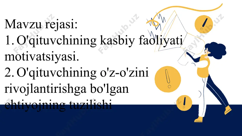 tish, yangi yutuqlarni qayd etish va hisobotlarni tayyorlash qulay. o'qituvchining individual ta'lim yo'nalishini rivojlantirish algoritmi o'qituvchining individual professional yo'nalishi ko'pincha ta'lim standarti talablariga muvofiq tuzilgan jadval shaklida tuziladi. ushbu usul eng aniq va ishlatish uchun qulay. o'qituvchining individual ta'lim yo'nalishini tuzish jarayoni bir necha bosqichlarga bo'linishi kerak: o'z-o'zini pefleksiya . o'qituvchi o'zining professional faoliyatini tahlil qilishi va uning kuchli va zaif tomonlari haqida xulosa chiqarishi kerak. bu iom keyingi bosqichlarini samarali rivojlantirish uchun zarur; yo'l xaritasini tuzish. birinchi bandning natijalariga ko'ra, o'qituvchi muayyan vaqt uchun ish rejasini tuzadi. o'qituvchining individual ta'lim yo'nalishini yo'l xaritasi yo'l xaritasi o'z ichiga oladi: 1. barcha ishlarni aniqlaydigan mavzuli yo'nalishlar. 2. har bir yo'nalish uchun tadbirlar ro'yxati. 3. rejalashtirilgan tadbirlarni amalga oshirishning aniq muddatlari (muddati). 4. kutilgan yutuqlarning prognozi va tavsifi. 5. hisobot berish shakllari va usullari bajarish belgisi bilan. 6. amaliy foydalanish. 7. o’zining professional yo’li va individual ta'lim yo'nalishini samaradorligini baholash. ushbu ma'lumotlar …