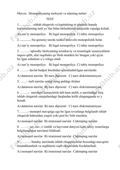 monopoliyaning mohiyati va ularning turlari test — DOC
