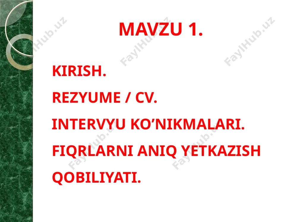 ’nikmalardan eng yuqori talab etilgan "soft skills" ("amaliy ko'nikmalar") va "qattiq ko'nikmalar" (qasbiy ko'nikmalar) deb nomlangan ikkita ro'yxatni tuzdi 1. ijodkorlik (creativity) 2. ishontirish (the ability to convince) 3. xamkorlik (cooperation) 4. moslashuvchanlik (adaptability) 5. vaqtni boshqarish (time management) eng yuqori talab etilgan soft skills / amaliy ko’nikmalar: 1. qaror qabul qilish (decision making) 2. xodimarni boshqrish (personal management) 3. nx loyihalash (nx design) 4. kompyuter ishi (pc skills) 55. tillarni bilish (foreign language) eng yuqori talab etilgan qattiq ko’nikmalar (hard skills): anglangan noloyaqatlilik anglanmagan nolayoqatlilik anglangan layoqatlilik anglanmagan layoqatlilik o’rganish o’xshatish o’rganish qiziqish foydalanish layoqatlilikni rivojlantirish modeli 1. anglanmagan nolayoqatlilik – kishi mahoratiga ega emasligini anglamaydi va uni tuzatish uchun hech narsa qilmaydi 2. anglangan nolayoqatlilik – inson qobiliyatlari va ko'nikmalariga ega emasligini tushunadi, bilim qidirishni boshlaydi va vazifalarni bajaradi. 3. anglangan layoqatlilik – inson ko'nikmalarga ega bo'ldi, lekin ularni doimo nazorat qiladi, hamma narsani to'g'ri bajaradimi-yo'qmi tekshiriladi. 4. …
