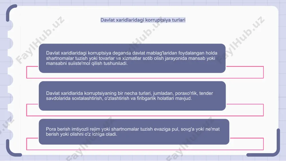 dagi korruptsiya xavfi va oqibatlari haqida xabardorligini oshirishi kerak. davlat xaridlarida shaffoflik va hisobdorlik davlat xaridlaridagi korruptsiya shaffoflik va javobgarlikka putur yetkazuvchi jiddiy muammo hisoblanadi. davlat xaridlari sohasida korrupsiyaning oldini olish va unga qarshi kurashish bo‘yicha samarali chora-tadbirlarni amalga oshirish muhim ahamiyatga ega. shaffoflik va hisobdorlik davlat xaridlari jarayonlarini adolatli va samarali ta’minlashda muhim ahamiyatga ega. davlat xaridlarida korrupsiyaga qarshi kurashda fuqarolik jamiyatining roli davlat xaridlaridagi korruptsiya ko'plab mamlakatlarga ta'sir qiladigan muhim muammodir. bu sohada korruptsiyaga qarshi kurashishning bir yo'li fuqarolik jamiyatini jalb qilishdir. fuqarolik jamiyati davlat xaridlaridagi korruptsiya holatlarini kuzatish va fosh etishda hal qiluvchi rol o'ynashi mumkin. davlat xaridlarida korruptsiyaning oldini olishning texnologik yechimlari texnologik yechimlar davlat xaridlarida korruptsiyaning oldini olishda samarali vosita sifatida paydo bo'ldi. ushbu echimlar elektron xaridlar tizimlari, blokcheyn texnologiyasi va ma'lumotlar tahlilidan foydalanishni o'z ichiga oladi. elektron xaridlar tizimlari xaridlar jarayonini soddalashtiradi, uni yanada shaffof qiladi va korruptsion amaliyotlar uchun imkoniyatlarni kamaytiradi. blokcheyn texnologiyasi …