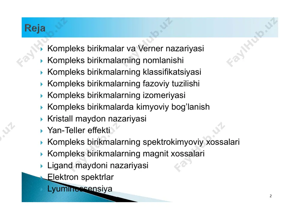 r (koordinatsion) bog’lanish  hisoblanadi. 7  luis kislotalarida (markaziy atom) bo’sh orbitallar mavjud bo’ladi.  luis asoslarida (ligandlarda) taqsimlanmagan elektron juftlari bo’ladi.  ligandlarning marlaziy atomga bog’lanishi kompleks birikma xossalariga kuchli ta’sir qiladi. 8  kompleks birikmalarda metal ioni yoki atomi akseptor, ligand tarkibidagi taqsimlanmagan elektron juftiga ega atom donor hisoblanadi.  ligand tarkibidagi donor atomlarning soniga ko’ra ligandlar monodentat (1 ta donor atom), bidentat (2 ta donor atomi) va polidentat (>2 donor atomlari) ligandlarga bo’linadi. 9 10  bidentat va polidentat ligandlar shuningdek metallarni qisqich kabi o’rab olganligi uchun xelatlovchi agent ham deyiladi (grekcha chele-panja, qisqich). 11  muhim xelat komplekslarga porfirinlar kirib, ular tarkibida xelatlovchi agent porfin molekulasi mavjud.  muhim porfrinlarga gem va xlorofill kiradi. 12  kompleks birikmalarning formulasini yozishda avval ichki sfera tarkibidagi metal atomi yozilib, keyin ligandlar alfavit ketma-ketligida yoziladi.  [fecl(h2o)5]cl [fe(nh3)3(h2o)3]cl2  ligandlardag donor atomni ko’rsatish uchun uning ostiga chiziladi:  …