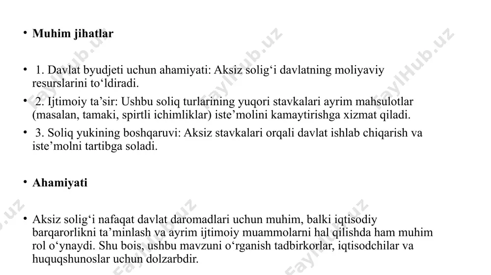 1. aksiz solig‘ining hisoblanishi: mahsulot ishlab chiqaruvchi yoki import qiluvchi aksiz miqdorini belgilab, soliq deklaratsiyasini tayyorlaydi. 2. deklaratsiyaning taqdim etilishi: soliq to‘lovchi o‘z hisob-kitoblarini soliq qo‘mitasiga taqdim etadi. elektron hisob-fakturalar (ehf) va boshqa hujjatlar yordamida soliq organlariga bildirishi zarur. 3. aksiz solig‘ining to‘lanishi: to‘lovchi aksiz miqdorini belgilangan muddat ichida davlat byudjetiga o‘tkazadi. odatda bu o‘tkazish banklar yoki boshqa to‘lov tizimlari orqali amalga oshiriladi. 4. soliqni to‘lashning nazorati: soliq qo‘mitasi va boshqa tegishli organlar soliq to‘lovlarining o‘tkazilishini va vaqtida to‘lanishini nazorat qiladi. elektron tizimlar yordamida bu jarayonni shaffof va samarali amalga oshirish mumkin. 7. aksiz solig‘ining byudjetga o‘tkazish tartibi. aksiz solig‘i mahsulot yoki xizmatlar bo‘yicha hisoblangan va to‘lanadigan soliqdir. uning byudjetga o‘tkazish tartibi quyidagi bosqichlardan iborat: 1. soliqni hisoblash: mahsulot ishlab chiqaruvchi yoki import qiluvchi aksiz miqdorini belgilaydi. 2. soliq deklaratsiyasi: to‘lovchi soliq deklaratsiyasini taqdim etadi, bunda aksiz solig‘ining hisob-kitoblari ko‘rsatiladi. 3. to‘lovni amalga oshirish: aksiz solig‘i belgilangan muddatda banklar yoki …