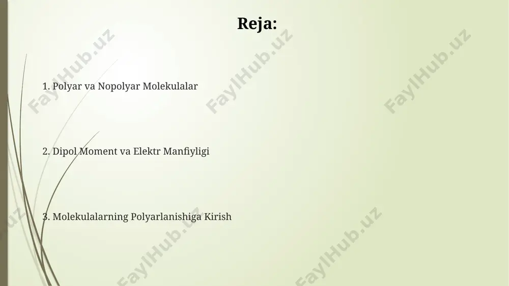 qutblanishli molekulalar orasidagi reaksiyalar tezligi, past qutblanishli molekulalarga nisbatan 10 2 -10 3 marta yuqori boʻlishi mumkin. dipol momenti 1,6 debaydan yuqori boʻlgan qutblanuvchan molekulalar, protonlar yoki nukleofillar bilan osonroq reaksiyaga kirishadi, bu esa reaksiya mexanizmlarini o'zgartirishi mumkin. qutblanishning amaliy qo'llanilishi suyuq kristallar displeylarida (lcd) molekulalarning qutblanishi orqali yorug'likni boshqarish va rasm hosil qilish jarayoni amalga oshiriladi, bu 100 dan ortiq million pikselni boshqarish imkonini beradi. qutblanishning yuqori chastotali texnologiyalarda, masalan, 2,4 ghz diapazonida ishlaydigan wi-fi va bluetooth qurilmalarida signalni qabul qilish va uzatishni yaxshilashda qo'llanilishi kuzatiladi. infraqizil spektroskopiyada molekulalarning qutblanish xususiyatlarini o'rganish orqali moddaning kimyoviy tuzilmasini aniqlash va 10-40 mikrometr diapazonidagi yorug'likni tahlil qilish mumkin. molekulalarning qutblanish turlari molekulalarning qutblanishining ikki asosiy turi mavjud: doimiy dipol momentiga ega qutb molekulalar (masalan, suv, h₂o) va tashqi elektr maydoni ta'sirida qutblanadigan noqutb molekulalar. orientiatsion qutblanish esa, doimiy dipol momentiga ega bo'lgan molekulalarning tashqi elektr maydoni ta'sirida o'zlarini yo'naltirishi natijasida ro'y beradi …