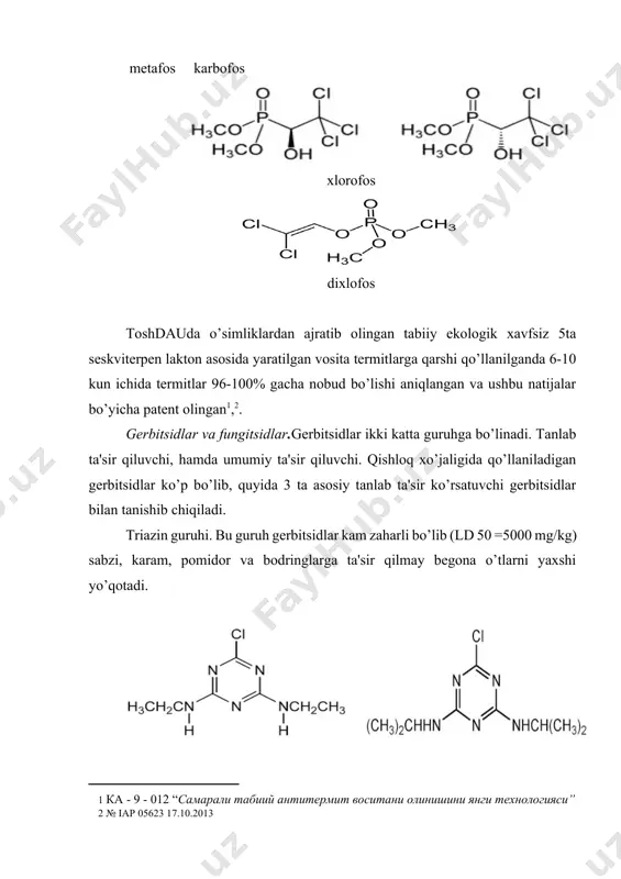 o’tdi. sholi xosildorligini oshirish uchun tabiiy ekologik bezarar “risolid” biostimulyatori yaratildi va sholichilik ilmiy tadqiqot institutida dala sinovlari o’tkazilganda xosildorlik gektariga o’rtacha 11-13 sentnerga ortgani aniqlandi.[footnoteref:3] ushbu ixtiroga patent olish uchun 2020 yil intellektual mulk agentligiga talabnoma berildi[footnoteref:4]. [3: мв-а-қх-2018-486 “шоли ҳосилдорлигини ошириш учун экологик хавфсиз рисолид биостимуляторини яратиш” ] [4: № iap 20200079 17.02.2020 ] ko’saklarni yetilishi va ochilishini tezlashtiruvchi kam zaharli defoliant “sardor” ta’sirida g’o’za barglari 90-95%-ga to’kiladi. bu preperat noorganik va organik birikmalardan tashkil topgan (natriyxlorat, 2-xloretilfjsfonkislotasi va monoetanolamin). defoliant “sadaf” 70%-li natriy trikarbamidoxlorat eritmasi g’o’za bargini 88%-ga to’kadi va hosildorlikni 1-2 sentnerga oshiradi. o’zxitan preparati (xitozan va karboksimetilsellulozani natriyli tuzi eritmasi) chigitni kasallikdan oldini olish va o’stiruvchi ta’sirga ega. respublikamizning kimyo korxonalarida asosan, navoiy elektrokimyo zavodida qishloq xo’jaligida yuqori va sifatli hosil olinishi uchun turli hil pestitsidlar ishlab chiqarilmoqda. foydalanilgan adabiyotlar ro‛yxati 1. francis a. carey. organic chemistry, university of virginia, fourth edition- 2012 (darslik) 2. …