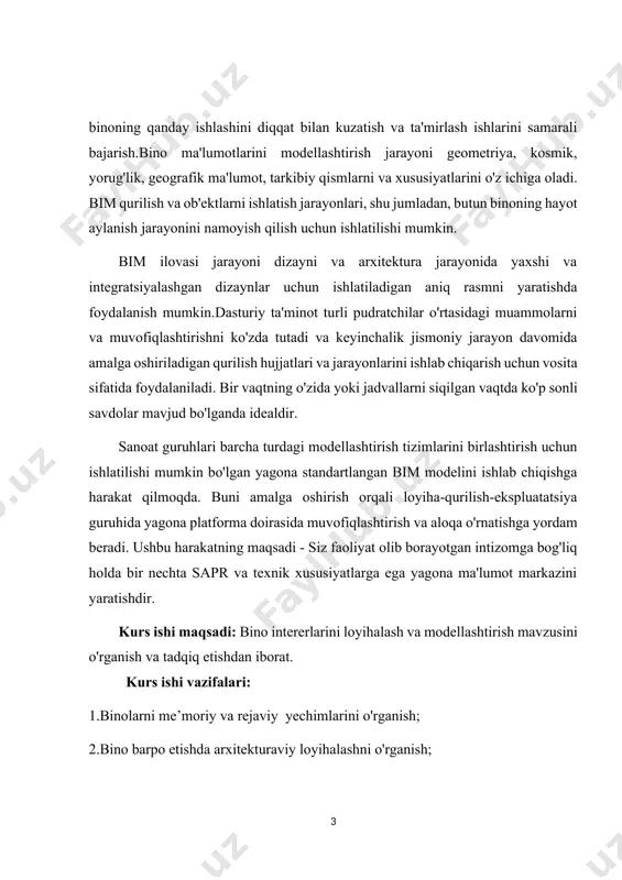 lil etishdan iborat kurs ishi ob’ekti: bino intererlarini loyihalash va modellashtirishni. kurs ishi predmeti: bino intererlarini loyihalash va modellashtirishning amaliy ahamiyati . kurs ishi tuzilishi: kirish, ikki bob(4ta paragraf), xulosa va foydalanilgan adabiyotlar ro’yxatidan iborat. i bob. binolarni rejaviy yechimlari binolarni loyihalash asoslari bino barpo etishda arxitekturaviy loyihalash 1.1.binolarni me’moriy va rejaviy yechimlari dunyoda odamlar paydo bo‘lgandan boshlab dastlab o‘ziga bosh pana, uy-joy, qurish bilan mashg‘ul bo‘lishgan. asrlar, ming yillar o‘tishi bilan er kurrasida odamlar tomonidan turli tuman binolar, inshootlar, yo‘llar, ko‘priklar suv havzalari bog‘ rog‘lar va boshqalar qurilgan, bunyod etilgan. ma’lumki, har qanday bino va inshootlarni qurish uchun dastlab uning loyihasi chiziladi.[footnoteref:1] bino va inshootlar arxitekturasi fani, bino va inshootlar ularning komplekslari va yashash massivlarini loyihalashni umumiy texnik, badiiy memoriy uslublari qoidalarini o‘rgatadi. bino odamlar tomonidan ma’lum maqsadda quriladigan inshootlarning bir turi bo‘lib, unda turli ijtimoiy ma’muriy xo‘jalik va ishlab chiqarish jarayonlarini amalga oshirish uchun muhit yaratiladi. [1: sh.sharipov, …