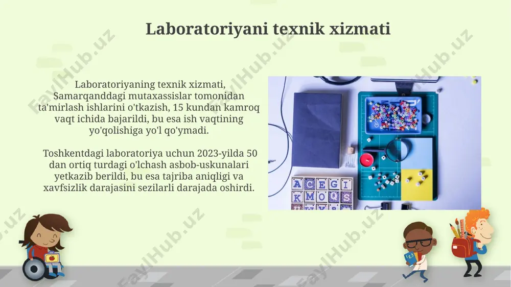 эга ва 0.01 мм гача аниқликни таъминлайди. optik jihozlar спектроскопия тажрибалари учун, 400нм дан 700нм гача тўлқин узунлигига эга нур манбалари ва юқори даражадаги аниқликка эга дифракцион панжаралар зарур. оптик жиҳозлар сифатида 10х-100х гача кучайтиришга эга бўлган, германиянинг "carl zeiss" компанияси томонидан ишлаб чиқарилган микроскоплардан фойдаланиш тавсия этилади. elektr jihozlar самарқанддаги университет учун 150 мгц таклиф этилган частота диапозонида ишлайдиган, 1000 та нуқтагача хотирага эга рақамли осциллографлар харид қилиниши кутилмоқда. бу тадқиқотлар учун юқори сифатли маълумотлар олинади. тошкент шаҳридаги “физика” лабораторияси учун 10 кв дан ортиқ кучланишга чидамли 50 та ўлчов асбоби сотиб олиш режалаштирилган. бу асбоблар юқори аниқликдаги ўлчовларни амалга ошириш имконини беради. e'tiboringiz uchun rahmat @taqdimot_robot image6.jpg image7.jpg image8.jpg image9.jpg image10.jpg image11.jpg image12.jpg image13.jpg image14.jpg image15.jpg image16.jpg image17.jpg image18.jpg image19.jpg image20.jpg image21.jpg image22.jpg image1.png