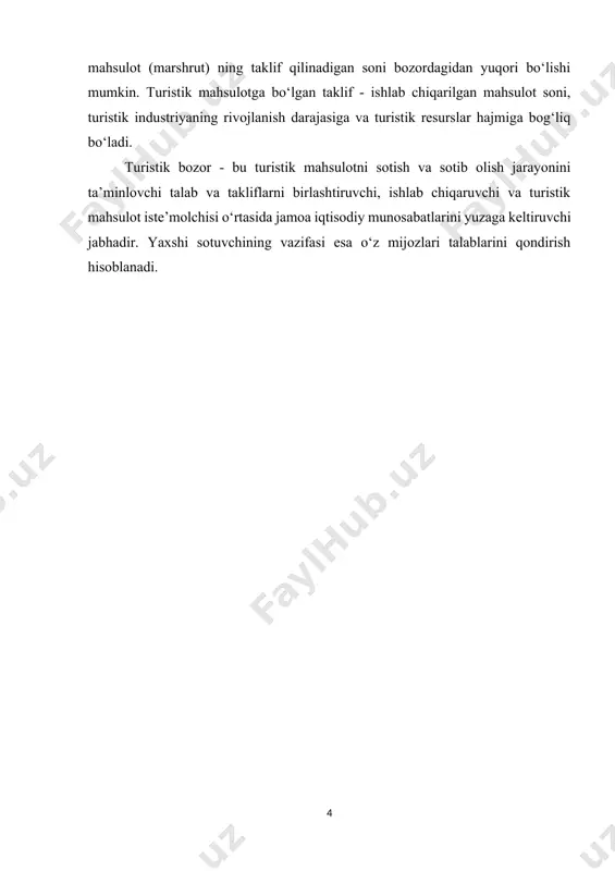 ol orqali (xo‘jalik sub’ekti-turoperator-turagent) sotiladi. ushbu omillardan tashqari yana bir holatni e’tiborga olish kerak, ya’ni ko‘rsatib o‘tilgan bitim har doim bir joyda amalga oshirilmaydi (masalan, mehmonxona, turistlarni qabul qilish joyi yoki turoperatorlarda). turistik xizmat bozori ma’lum bir o‘ziga xos joy yoki geografik hudud bilan chegaralan-magan. shuning uchun turistik mahsulotning oldi-sotdi ishlari sotuvchi va haridorlarni jalb qilmagan holda teleks, telegramma, faks, telefon, aniq hisob-kitob orqali amalga oshirilishi mumkin. turistik talab deganda - to‘lash imkoniyatiga ega bo‘lgan aholining turmahsulotga bo‘lgan talabi tushiniladi. turistik talab amaldagi narx-navolarda aholi tomonidan aniq bir turistik-ekskursiya xizmatlarini sotib olishi bilan belgilanadi. bozordagi talabga muvofiq turizmda takliflar vujudga keladi, ya’ni turist uchun uning dam olishi va sayohati jarayonida lozim bo‘lgan turli xildagi xizmatlar shular jumlasiga kiradi. takliflar-bu mahsulot ishlab chiqaruvchining bozorga talab qilinadigan aniq mahsulotni etkazib berish uchun ideal tayyorgarlik va aniq imkoniyatga ega bo‘lishi tushuniladi. bu holatda takliflar ishlab chiqarish bilan bir xil bo‘lmagan holda undan soni …