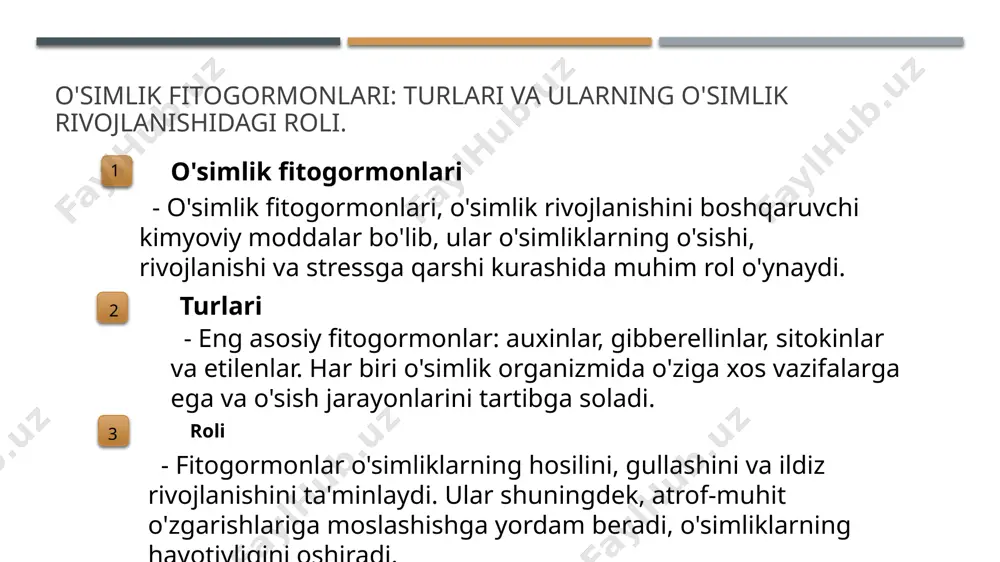 shiriladi. bu usul o'simliklarda fitogormonlar darajasini aniqlashda samarali hisoblanadi. biologik tasvirlash texnologiyalari fitogormonlarning ta'sirini vizual ravishda ko'rsatadi. bu usul o'simliklar rivojlanishidagi o'zgarishlarni kuzatishga imkon beradi. fitogormonlar tadqiqotida bioinformatika va genetik tahlilning roli. 1 bioinformatika tahlili bioinformatika fitogormonlarni o'rganishda genetik ma'lumotlarni tahlil qilishda muhim rol o'ynaydi, o'simliklarning fitogormonlarga javoblarini aniqlash imkonini beradi. 2 genetik tadqiqotlar fitogormonlarning genetik tahlili o'simliklarning rivojlanish mexanizmlarini tushunishga yordam beradi, bu esa yangi genetik modifikatsiyalar yaratishda qo'llaniladi. 3 ma'lumotlar bazasi bioinformatika yordamida olingan ma'lumotlar bazalari fitogormonlarning ta'sirini o'rganish uchun zarur, bu esa tadqiqotlar natijalarini tezlashtiradi. 4 innovatsion yondashuvlar zamonaviy bioinformatika yondashuvlari, masalan, genomik tahlil va simulyatsiya, fitogormonlar tadqiqotida innovatsion imkoniyatlar yaratadi. fitogormonlar va ekotizimlar: zamonaviy tadqiqot usullarining qo'llanilishi. 1 fitogormonlar tahlili fitogormonlar tahlili, ekotizimlar ichidagi o'zaro ta'sirlarni aniqlashda muhim ahamiyatga ega. zamonaviy laboratoriya usullari orqali, ularning ta'siri o'rganiladi. 2 ekotizimlar va fitogormonlar ekotizimlar, fitogormonlarning o'simliklar va boshqa organizmlar bilan o'zaro ta'sirini ko'rsatadi. bu munosabatlar ekologik muvozanatni saqlashda …