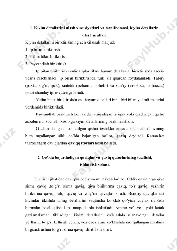 da ishlatilayotganiga va gazlamaning turiga bog’liq. misol: detallarni salqisiz ko’klanayotganda qaviq yirikligi 2-3 sm, salqi hosil qilib ko’klanganda esa 1-2 sm bo’ladi. qaviq detallarini salqisiz sirtalishda 3-5, salqi hosil qilib sirtalishda 1,5-3 sm, bukib ko’klashda esa 1,5- 3 sm bo’ladi. (5 – rasm) 5 - rasm. tog’ri va qiya sirma qaviqlar sxemasi yo’rma qaviq detallarni qirqimi tutilib ketmasligi uchun ishlatiladi. bunda qaviq yirikligi gazalamani zichligiga bog’liq bo’lib, 0,5-0,7 sm bo’lib yo’rma kengligi esa 0,5 sm bo’ladi. yo’rma qaviq chapdan o’nga qarab solinib, qaviqlar bir tomonga bir xilda og’ib turadi. qiya biriktirma qaviq detallar qirqimlarini bir-biriga ulash uchun ishlatiladi. qiya birikma qaviq solish uchun igna ustki gazlamaga uning qirqimiga nisbatan 60-70 burchak hosil qilib sanchiladi. igna ustki gazlamani to’la teshib o’tib ostki qatlamini yarim qalinligini teshib o’tadi. qaviq ustki gazlama qirqimidan 0,2-0,4 sm masofada o’tishi kerak. yashirin birikma qaviq detallarining chetini bukib asosiy gazlamaga biriktirish uchun ishlatiladi. yashirin biriktirma qaviq solish …