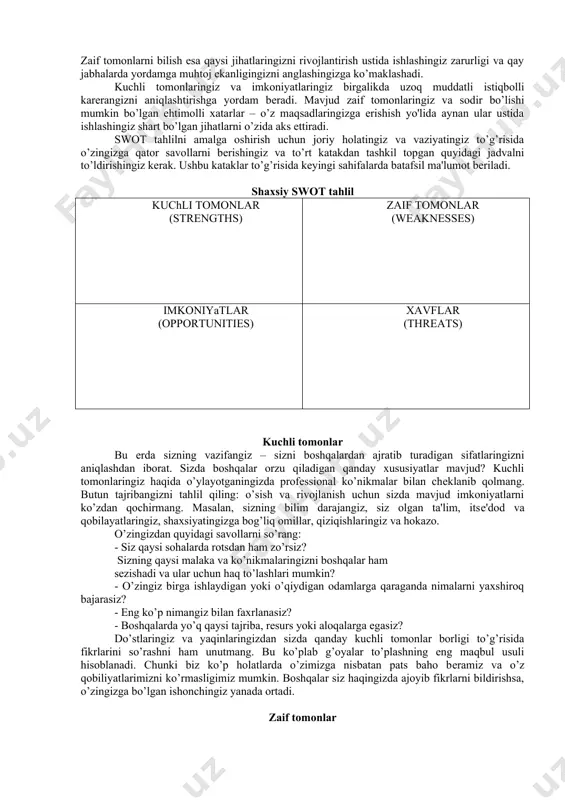siy rivojlanishni rеjalashtirish – karеrangiz uchun uzoq muddatli maqsadlar qo’yish va ularni qanday amalga oshirish haqida mushohada qilishingizdir. lеkin uzoq muddatli istiqbolda nima qilishni xohlashingizni bilishdan oldin siz hozirgi holatingiz to’g’risida fikrlashingiz zarur. sizning ustunlingiz nimada? qaysi jihatlaringizni rivojlantirishingiz zarur? sizda qanday imkoniyatlar bor? sizning maqsadlaringizga ta'sir qiluvchi sizga bog’liq bo’lmagan omillar ham bormi? ushbu savollarga javob bеrish uchun biznеsda qo’llaniladigan klassik vositalar swot va pest tahlillarni sizning shaxsiy vaziyatingizga moslashtiramiz. ulardan foydalanib siz hozir qaеrda va qanday vaziyatda ekanligingiz to’g’risida aniq tasavvurga ega bo’lishingiz va qay tomonga harakatlanish to ‘g’risida qaror qabul qilishingiz mumkin, shaxsiy swot tahlil biznеsda swot kompaniyaning kuchli va zaif tomonlarini (strengths and weakness) ochib bеradi hamda mavjud imkoniyat va xatarlarni (opportunities and threats) aniqlaydi. bu kompaniya uchun qay darajada zarur bo’lsa, uni o’z holatingizga qo’llaganingizda siz uchun ham shu qadar fo ydali bo’ladi. o’zingizning kuchli tomonlaringizni bilib siz qo’lingizdan nimalar kеlishiga, qaysi sohalarda boshqalardan ajralib …