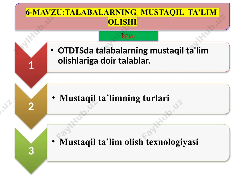 ksak ma’naviy-axloqiy fazilatlarga ega, mustaqil fikrlaydigan yuqori malakali kadrlar tayyorlash jarayonini sifat jihatidan yangi bosqichga ko‘tarish, oliy ta’limni modernizatsiya qilish, ilg‘or ta’lim texnologiyalariga asoslangan holda ijtimoiy soha va iqtisodiyot tarmoqlarini rivojlantirish borasida katta ishlar olib borilmoqda. jumladan, o‘zbekiston respublikasi oliy ta’lim tizimini 2030 yilgacha rivojlantirish konsepsiyasining “oliy ta’lim tizimini rivojlantirishning strategik maqsadlari va ustuvor yo‘nalishlari” deb nomlangan 3-bobining “oliy ta’lim bilan qamrovni kengaytirish, oliy ma’lumotli mutaxassislar tayyorlash sifatini oshirish” deb nomlangan 1-§ da “mustaqil ta’lim soatlari ulushini oshirish, talabalarda mustaqil ta’lim olish, tanqidiy va ijodiy fikrlash, tizimli tahlil qilish, tadbirkorlik ko‘nikmalarini shakllantirish, o‘quv jarayonida kompetensiyalarni kuchaytirishga qaratilgan metodika va texnologiyalarni joriy etish, o‘quv jarayonini amaliy ko‘nikmalarni shakllantirishga yo‘naltirish, bu borada o‘quv jarayoniga xalqaro ta’lim standartlariga asoslangan ilg‘or pedagogik texnologiyalar, o‘quv dasturlari va o‘quv-uslubiy materiallarni keng joriy etish” masalalarida ta’lim oluvchilarning mustaqil ta’lim olishlari, mustaqil ishlash malakalarini uzluksiz oshirish orqali mutaxassislarning zaruriy kompetensiyalarini, ijodiy yaratuvchanlik, tadqiqotchilik, mantiqiy tafakkurini rivojlantirishga alohida e’tibor …