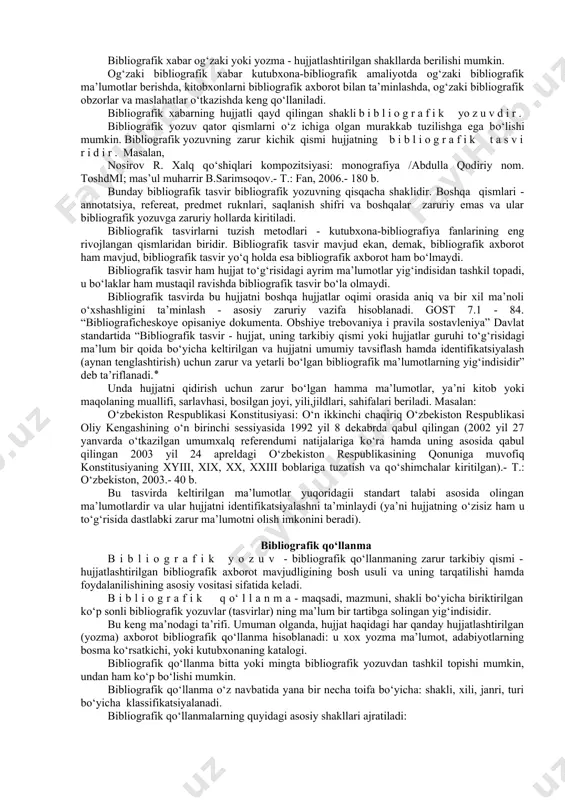kitobni kitobxonning ona tiliga tarjima qilinganda yoki kitobxon bu tilni о‘rgangan holda paydo bо‘ladi. mazmuni tushunarsiz kitob bilan kitobxon о‘rtasida ham kitobxon bu sohada eng yuqori ma’lumot darajasini egallab tushuna oladigan bо‘lgan holda munosabat paydo bо‘ladi. о‘qish jarayoni axborotni qabul qilish jarayoni sifatida shaxs bilimini kengaytiradi va chuqurlashtiradi, uning kitobxonlik qiziqishlarini va imkoniyatlarini rivojlantiradi. demak, hujjat va iste’molchi о‘rtasidagi muvofiqlik bibliografik axborot nazariyasi uchun muhimdir. u hujjat har doim qandaydir iste’molchiga, ma’lum axborot talabchilari guruhiga qarshi turishini kо‘rsatadi. ular orasidagi bu muvofiqlik “hujjat-axborot iste’molchisi” munosabatining paydo bо‘lishi va mavjudligining zarur shartidir. yuqoridagi munosabatlar har doim ham bevosita aloqa yо‘li bilan hal qilinmaydi, aks holda xech qanday vositachiga ehtiyoj bо‘lmas edi. bibliografik axborotning paydo bо‘lishi va rivojlanishining asosiy yо‘nalishlari hujjatlar yaratilishi bilan jamiyat orasida keng tarqalib ketadi. hujjatlar soni, turining kо‘payishi natijasida bu hujjatlarni uzoq muddat saqlash va foydalanilishini ta’minlash uchun birinchi navbatda insonning qiladigan ishi - bu shu hujjatlarni ma’lum …