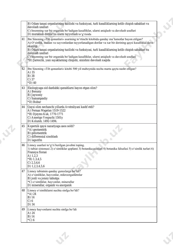 2) o‘simliklar qoplami 3) botanika asoslari 4) botanika falsafasi 5) o‘simlik turlari 6) fransiya florasi a) 1,2,3 *b) 1,3,4,5 c) 2,3,4,6 d) 1,2,3,4,5,6 47 linney tabiatnin qanday guruxlarga bo‘ldi? a) o‘simliklar, hayvonlar, mikroorganizmlar b) jonli va jonsiz tabiatga *c) o‘simliklar, hayvonlar, minerallar d) minerallar, organik va anorganik 48 linney o‘simliklarni nechta sinfga bo‘ldi? *a) 24 b) 14 c) 6 d) 34 49 linney hayvonlarni nechta sinfga bo‘ldi a) 24 b) 14 *c) 6 d) 34 50 linney guli o‘simliklarni sistemaga solishda nimani asos qilib oldi? a) vegetativ organlarni *b) generativ organlarni c) urug‘chilar sonini d) ildiz sistemasini 51 linney 21-23 – sinflarni nimaga qarab ajratdi? a) changchilar soniga b) changchilarni uzun qisqaligiga c) changchilarni o‘zaro qo‘shilganligiga *d) changchilarni bir yoki ikki xil o‘simlikda joylashganligiga 52 organizmlarning shaxsiy rivojlanishini o‘rganish fanda qaysi oqimlarni vujudga keltirdi? a) kreatsionizm va transformizm *b) epigenez va preformizm c) gradatsiya va teleologiya d) teleologiya va trasformizm …