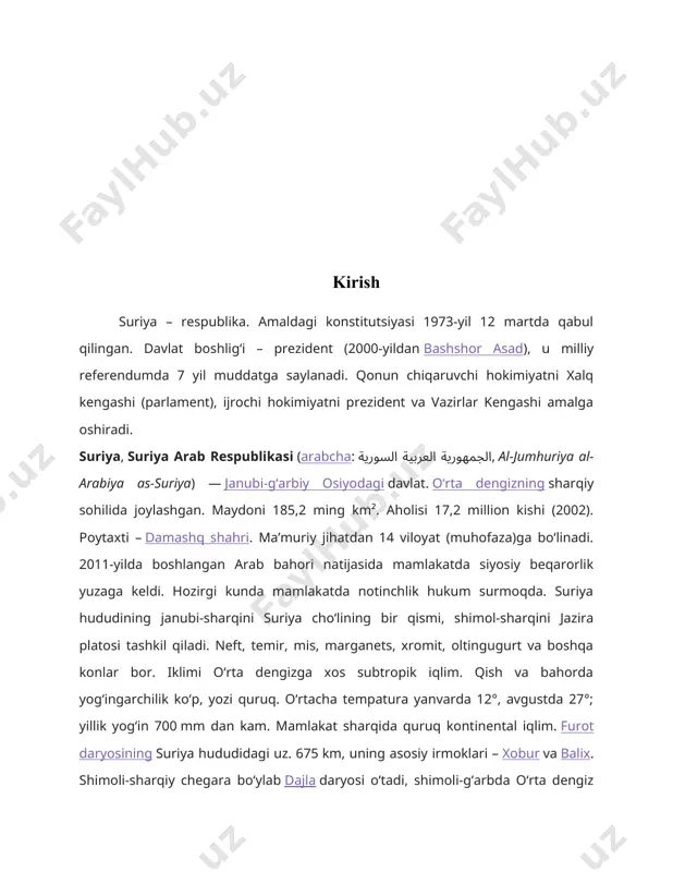xonalar bor. hunarmandchilik (oltin, kumush, misdan turli buyumlar tayyorlash) rivojlangan. asosiy sanoat markazlari – damashq, halab, hims, loziqiya, tartus. transport yoʻli uzunligi – 1,8 ming km, avtomobil yoʻllari –39,2 ming km, neft quvurlari – 805 km. asosiy dengiz portlari – loziqiya, tartus, baniyos damashqda xalqaro aeroport bor. iroq va saudiya arabistonidan oʻrta dengiz sohiliga tortib kelingan koʻpgina neft quvurlari suriya hududidan oʻtadi. suriya chetga neft va neft mahsulotlari, fosforit, paxta, qishloq xoʻjaligi. mahsulotlari, teri, jun va boshqa chiqaradi, chetdan mashina va uskuna, transport vositalari, oziqovqat, kimyo mahsulotlari va boshqa keltiradi. germaniya, fransiya, italiya, rossiya, livan, gretsiya bilan savdo qiladi. suriyaning oʻzbekiston respublikasi bilan 2002-yildagi tovar aylanmasi 1,7 mln. aqsh dollarini tashkil etdi. pul birligi – suriya funti. 2011 yildan buyon davom etib kelgan harbiy mojarolar suriya iqtisodiyotida kutilgan yaim o‘sishi va amalda kuzatilgan o‘sish o‘rtasidagi farq 226 milliard dollar bo‘lishiga olib keldi. bu haqda jahon banki hisobotida keltirilgan. bank tahlilchilari …