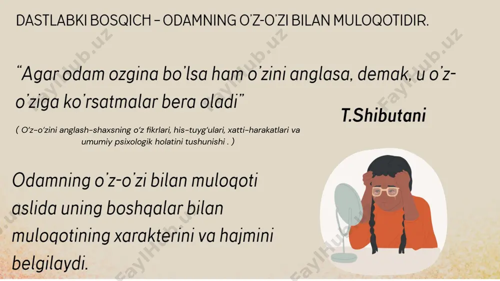 t malakalari hosil qilinib, ular turli ijtimoiy sharoitlarda o‘zini to‘g‘ri tutishga odatlantiriladi. ijtimoiy aql-zakovatning shakllanishini ta’minlaydi. g’argda t-guruhlar tashkil etilib, unga ixtiyoriy muloqot jarayonida ma’lum qiyinchiliklarni his qilayotgan shaxslar taklif etiladi. guruhiy munozaralar rolli o‘yinlar psixologik sezgirlikni oshiruvchi 7 kishidan 15 kishigacha bo‘lib, mashg‘ulotlar bir necha kundan bir necha oygacha davom etadi. ahamiyati: iliq yaqin munosabat birovni tushunish birovning manfaati yo‘lida o‘z qarashlarini qayta tahlil qilish umumiy “psixologik til” bir-birlariga ham ijobiy ta’sir ko‘rsatish o‘zini “boshqalar” o‘rniga qo‘yish muomaladagi har bir ibora va imo-ishoraning tub ma’nosini tushunish ijtimoiy-psixologik treningning metodik talablariga quyidagilar kiradi: har bir ishtirokchining o‘z shaxsiy “men”ini tushunishga olib kelish lozim nutqning noverbal shakllari ham keng qo‘llanilishi har bir ishtirokchi o‘z-o‘zini kuzatish kundaligini yuritmog‘i mashg‘ulotlarni sira ham qoldirmaslik shovqin-surondan xoli joy qulay kiyimlarda kelish professional instructor “yumaloq stol" atrofida, to‘rtburchak stol atrofida, gilam ustida, ba’zan tik holda 1. mojaro vaziyati: hamkasblar o‘rtasida kelishmovchilik ssenariy: ikki hamkasb yangi loyiha …