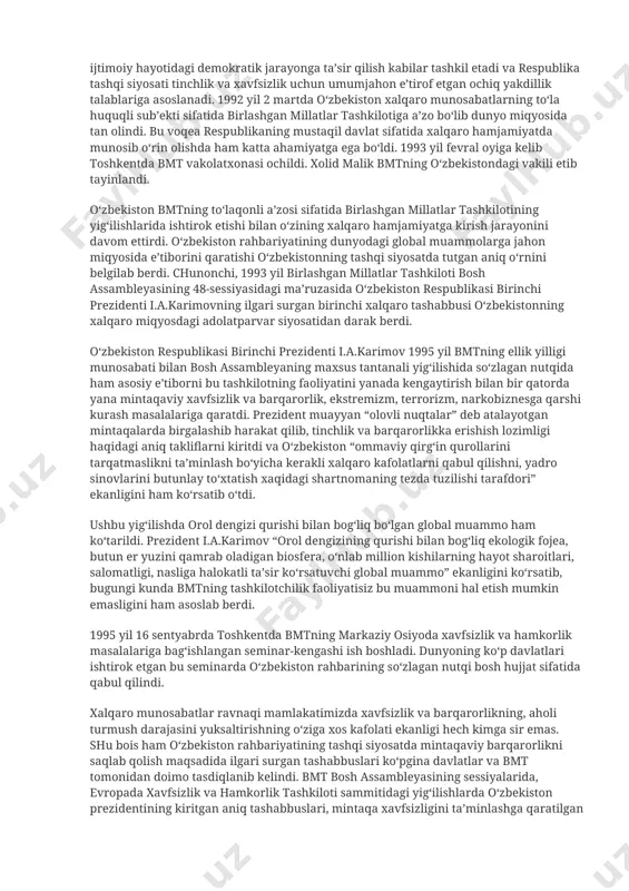 aga bmt ustavidan, inson huquqlari umumiy deklaratsiyasidan va inson huquqlariga oid boshqa halqaro huquq bitimlardan, xelsinki bitimi, parij va madrid xartiyalariga asoslandi. shuningdek, asosiy qonunga kiritilgan qonunlarni rivojlantirish maqsadida “diplomatik munosabatlarni o‘rganish tartibi”, “o‘zbekistonda xalqaro shartnomalarni tuzish, ijro etish va bekor qilish” haqida aktlar ham qabul qilindi. ularda tashqi siyosatning har tomonlama asoslangan tamoyillari o‘z aksini topdi. shu o‘rinda aytib o‘tmoq lozimki, bu tamoyillar yosh suveren davlatning asosiy tashqi siyosiy doktrinasini ifoda etish bilan birga davlatlararo munosabatlar yo‘nalishlarining rivojlanishi va keng doiradagi tashqi muammolarni hal qilish imkonini berdi. mamlakatimizni jahon xalqlari tinchligi va xavfsizligini mustahkamlashga qaratilgan tinchliksevar tashqi siyosati uning jahon miqyosida mustaqil davlat sifatida tezda tan olinishini ta’minladi. o‘zbekiston respublikasi o‘zining tashqi siyosatdagi yo‘nalishlarini demokratik pritsiplarga asoslangan holda olib borar ekan, 1991 yil dekabrdan 1992 yil iyul oyigacha bo‘lgan davr ichida respublikani 111 davlat, 2015 yilga qadar esa o‘zbekiston mustaqilligini 180 dan ortiq davlat tan oldi. 2018 yilga kelib, …