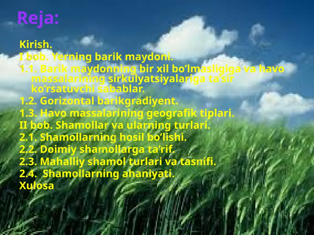 g turbulent oqimi vujudga keltiradi. shamol yo‘nalishini graduslarda ifodalashda hisob shimoldan soat strelkasi yo‘nalishi bo‘yicha olib boriladi. bunda shimoliy shamolga 00, (yoki 3600), shimoli-sharqiy shamolga 450, janubiy shamolga 1800, g‘arbiy shamolga 2700 mos keladi. atmosferaning yuqori qatlamlarida shamolning yo‘nalishini graduslarda, yer yuzasidagi meteorologik stansiyalarda shamol yo‘nalishini ufq rumblarida ko‘rsatiladi. meteorologik stansiyalarda shamolning o‘rtacha tezligi va o‘rtacha yo‘nalishi aniqlanadi. yerning o‘z o‘qi atrofida aylanishi ta’sirida shamollar shimoliy yarim sharda bosim gradienti yo‘nalishidan o‘ngga, janubiy yarim sharda esa bosim gradienti yo‘nalishidan chapga og‘adi. image2.jpeg image3.jpeg image4.jpeg image5.jpeg image6.jpeg image7.jpeg image8.jpeg image9.jpeg image10.jpeg image11.jpeg image12.jpeg image13.jpeg image14.jpeg image15.jpeg image16.jpeg image1.jpeg
