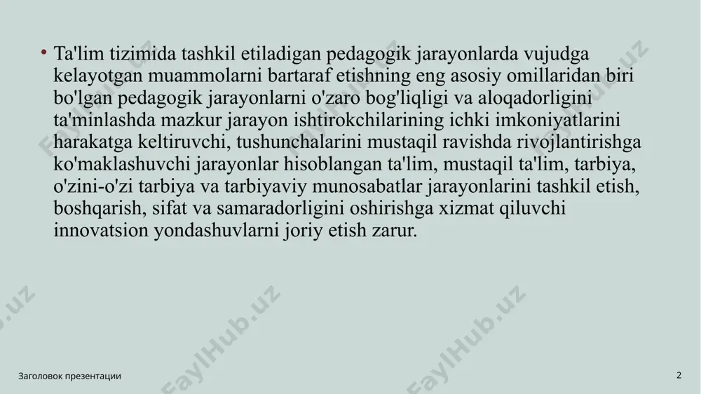 r almashinuvi natijasida kasbiy faoliyatga psixologik moslashuvni vujudga kelishi. заголовок презентации 4 4 maktabgacha pedagogika maktabgacha ta’lim muassasasi ishini rejalashtirish mumkinligini va zarurligini ta’kidlab, bunda u inson shaxsini shakllanishida ijtimoiy omillar, muhit va tarbiyaning muhim ahamiyatga egal igi haqida asosiy qoidalarga tayanadi. rivojlanishning asosiy omili bo‘lgan tarbiya jarayonida bilim, aqliy va amaliy malakalar hamda harakat usullarini bola tomonidan egallanishi amalga oshiriladi. tarbiyaning mazmunini uning maqsadi belgilaydi. название презентации 5 pedagogik jarayonni yagona bir butun sifatida tashkil etish vazifasi rejalashtirishda etakchi hisoblanadi. rejalashtirish pedagogik jarayonni yaxlit tashkil etishga: bolalar jamoasi va ayrim bolalarni tarbiyalash vazifasini aniqlashga, bolalarni yoshiga ko‘ra pedagogik ta’sir mazmunini va usullarini tanlashga, bolalar hayoti, faoliyat turlari, rahbarlik metodlari va shu kabilarni tashkil etishning turli shakllaridan foydalanishga yo‘ llangan bo‘lishi kerak. reja bolalar bilan amalga oshiriladigan ta’lim-tarbiya ishlariga oldindan puxta tayyorgarlik ko‘rish metod va usullarni yaxshilab o‘ylab olish, kerakli material va jihozlarni tayyorlash imkonini yaratadi. tarbiyachi rejalashtirgan hamma ishlar …
