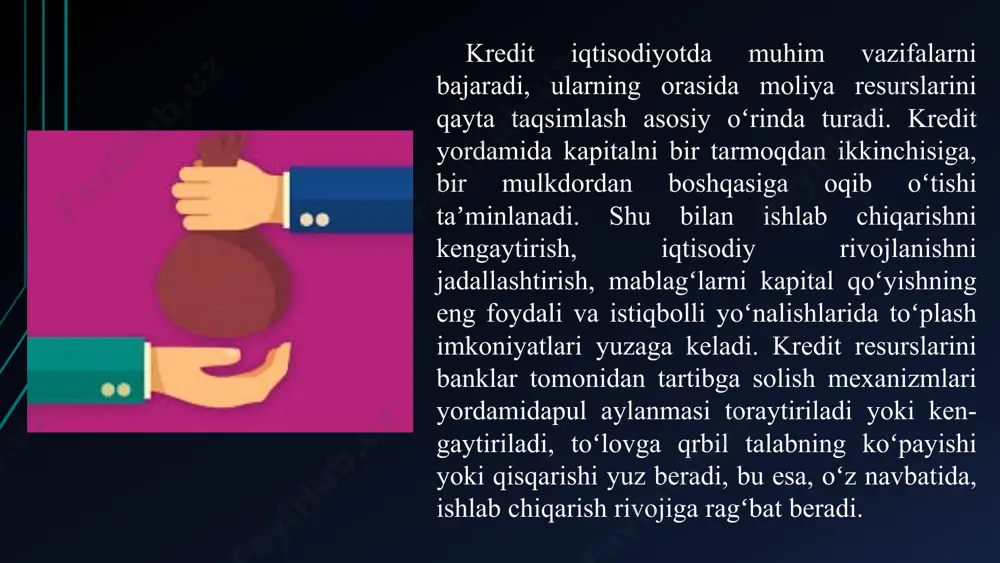 ning oʻziga xos shakli boʻlib, bunda davlat pul mablagʻlari qarzdori, aholi va xususiy biznes esa kreditorlari boʻlib chiqadi. davlat krediti mablagʻlari manbai boʻlib, davlat qarz obligatsiyalari xizmat qiladi. davlat kreditning bunday shaklida, avvalo, davlat byudjeti kamomadini qoplash uchun foydalanadi. xalqaro kredit — ssuda kapitalining xalqaro iqtisodiy munosabatlar sohasidagi harakatini namoyish qiladi. xalqaro kredit tovar yoki pul (valyuta) shaklida beriladi. kreditor va qarz oluvchilar banklar, xususiy firmalar, davlat, xalqaro va mintaqaviy tashkilotlar hisoblanadi. tijorat krediti — bu korxonalar, birlashmalar va boshqa xoʻjalik yurituvchi subʼektlarning bir-biriga beradigan kreditlaridir. tijorat krediti, avvalo, toʻlovni kechiktirish yoʻli bilan tovar shaklida beriladi. 2019 yil oktyabr oyida o‘zbekiston banklaridagi avtokreditlar bo‘yicha holat bugungi kunga kelib avtokredit bozorida ko‘p o‘zgarishlar bo‘ldi: bir qator banklar avtokreditlar berishni to‘xtatdi, shartlar o‘zgardi, foiz stavkalari oshirildi. 2019 yil yanvar oyida spot o‘zbekiston banklaridagi avtokreditlar bo‘yicha ma’lumot bergan edi. o‘shanda 2018 yil kuzgi kuzatuv bilan taqqoslaganda juda ko‘p o‘zgarishlar (ba'zi banklarda avtokredit berish …