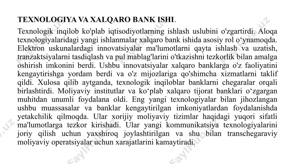 logik innovatsiyalar banklarga samarali kliring markazi banklararo toʻlov tizimini yaratishda yordam berdi, bunda markaziy bank kredit risklarini oʻzlashtirish uchun birja rolini oʻynashi mumkin edi. bu banklarga forex va money market operatsiyalari natijasida vujudga keladigan xalqaro to'lovlar hisobiga banklararo to'lov tizimida ma'lum shartlar va shartlar asosida kredit risklarini kamaytirishga yordam berdi. 3. swift: xalqaro to'lovlarda ulardan foydalanadigan banklarga tegishli ikkita tarmoq ustunlik qiladi. butunjahon banklararo moliyaviy telekommunikatsiyalar jamiyati (swift) bunday banklararo maslahat uchun foydalaniladigan xalqaro liniyalarni taqdim etadi. kliring palatasi banklararo toʻlov tizimi (chips) esa nyu-yorkda faoliyat yuritayotgan tizimdir. ular "gateway" deb nomlangan tizim orqali ulanadi. swift - banklar o'rtasida standartlashtirilgan avtomatlashtirilgan xalqaro pul o'tkazmalari axborot tizimi bo'yicha kooperativ. globallashish va xalqaro bank ishi: jahon iqtisodiyotining integratsiyalashuvi savdo va moliyaviy investitsiyalarni kengaytirish uchun keng imkoniyatlar yaratdi. shuni hisobga olib, xalqaro bank tizimi va moliya bozorlarining muhim segmenti sifatida banklar bugungi globallashuv sharoitida faol rol o‘ynash uchun vakillik banki, xorijiy filiallar, off-shore …