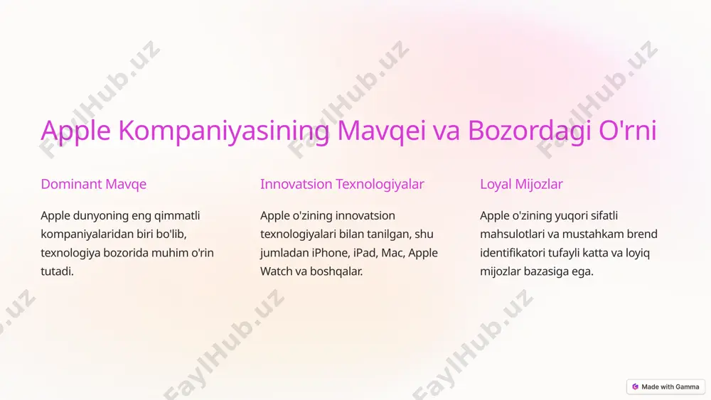 xizmat apple mijozlarning ehtiyojlarini birinchi o'ringa qo'yadi va ishchilarni bu borada rag'batlantiradi. 10 apple kompaniyasida xodimlar rag'batlantirish tizimi 1 ish haqi va bonuslar apple ishchilariga raqobatbardosh ish haqi va bonuslarni taqdim etadi. 2 o'sish imkoniyatlari apple ishchilariga o'sish va martaba o'sish imkoniyatlari taqdim etadi. 3 tan olinish apple ishchilarining yutuqlari va hissasi uchun ularni tan oladi va qadrlaydi. 4 ijodiy muhit apple ijodiy va rag'batlantiruvchi ish muhitini yaratishga intiladi. 11 xulosa va tavsiyalar apple kompaniyasi o'zining mehnat iqtisodiyoti sohasidagi strategiyasi va amaliyotlari bilan ishchilarni jalb qilish, motivatsiyalash va ularning potensialini ochishga muvaffaq bo'lgan. apple kompaniyasining mehnat iqtisodiyoti sohasidagi muvaffaqiyati unga global miqyosda innovatsion texnologiyalar ishlab chiqarishga va o'z pozitsiyasini mustahkamlashga yordam bergan. 14 image1.png image2.png image3.png image4.png image5.png image6.png image7.png image8.png image9.png image10.png image11.png image12.png image13.png image14.png image15.png image16.png image17.png image18.png image19.png image20.png image21.png image22.png image23.png image24.png image25.png image26.png image27.png image28.png