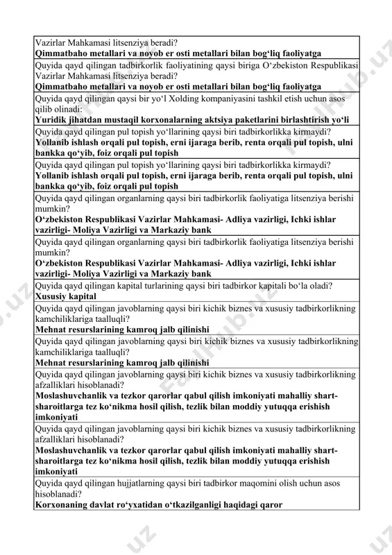 korlik quyida qayd qilinganlarning qaysi biri biznes qilishning g‘ayri qonuniy usullari hisoblanadi? qallovlik va tovlamachilik poraxo‘rlik va o‘g‘rilik, narkotik moddalar bilan shug‘ullanib pul topish quyida qayd qilinganlarning qaysi biri biznes qilishning g‘ayri qonuniy usullari hisoblanadi? qallovlik va tovlamachilik poraxo‘rlik va o‘g‘rilik, narkotik moddalar bilan shug‘ullanib pul topish quyida qayd qilingan tadbirkorlik faoliyatining qaysi biriga o‘zbekiston respublikasi vazirlar mahkamasi litsenziya beradi? qimmatbaho metallari va noyob er osti metallari bilan bog‘liq faoliyatga quyida qayd qilingan tadbirkorlik faoliyatining qaysi biriga o‘zbekiston respublikasi vazirlar mahkamasi litsenziya beradi? qimmatbaho metallari va noyob er osti metallari bilan bog‘liq faoliyatga quyida qayd qilingan qaysi bir yo‘l xolding kompaniyasini tashkil etish uchun asos qilib olinadi: yuridik jihatdan mustaqil korxonalarning aktsiya paketlarini birlashtirish yo‘li quyida qayd qilingan pul topish yo‘llarining qaysi biri tadbirkorlikka kirmaydi? yollanib ishlash orqali pul topish, erni ijaraga berib, renta orqali pul topish, ulni bankka qo‘yib, foiz orqali pul topish quyida qayd qilingan pul topish yo‘llarining …
