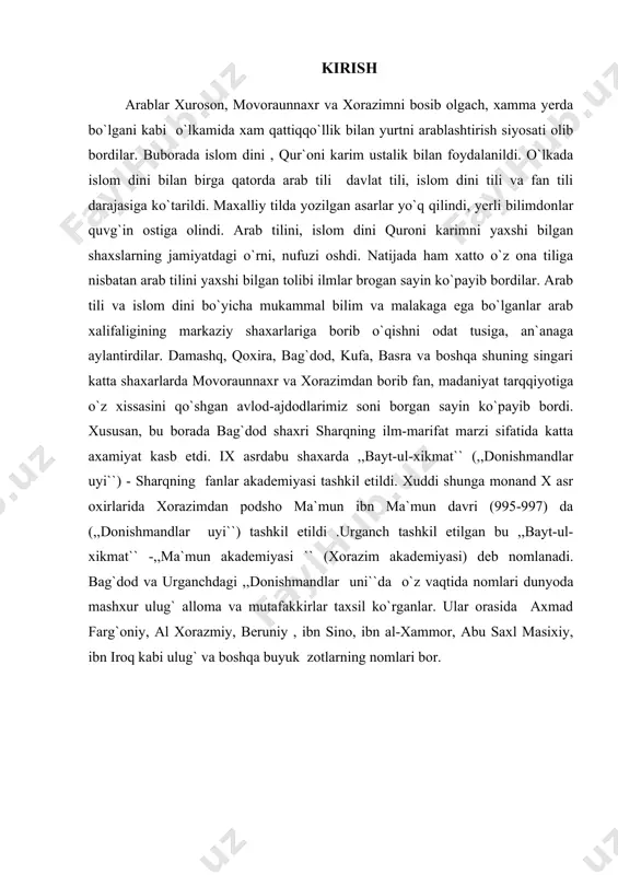 xmad farg`oniy, al xorazmiy, beruniy , ibn sino, ibn al-xammor, abu saxl masixiy, ibn iroq kabi ulug` va boshqa buyuk zotlarning nomlari bor. 1. ix-xii asrlarda ilm-fan rivojiga sabab tarixiy bo`lgan omillar. movoraunnaxr va xorazimda ix-xii asrlarda ijtimoiy-iqtisodiy va madaniy taraqqiyotida yuz bergan ijobiy yutuqlar va mutaffakkirlar haqida gap ketganda, anashu yutuq va mutaffakkirlarning asosiy omili va sababchisi bo`lgan markazlashgan mustaqil davlatning vujudga kelganligini nazar-etibordan qochirmasligimiz kerak, albatta. o`z mavqei va tutgan o`rni jixatidan xalqaro maydonda katta etibor va nufuzga ega bo`lgan somoniylar, qorahoniylar, g`aznaviylar – tug`rulbek, sulton sanjar, otsiz, takash singari tadbirkor va uzoqni ko`ra oladigan davlat arboblari davrida har tomonlama rivojlanib, madaniy tarqiyotda moffaqiyatlarga erishdilar. chunki bu xukumdorlar davrida mamlakat mustahkamlandi, nisbatan tinchlik, osoyishtalik va barqarorlik vujudga keldi. natijada moddiy ishlab chiqarish rivoj tobdi, xunarmandchilik va savdo taraqqiy etdi, madaniyat gurkirab o`shdi. bu davrda “buyuk ipak yo`li” ning o`rni va ahamiyati oshdi, xunarmandchilik va savdo-sotiq rivoj topgan obod …