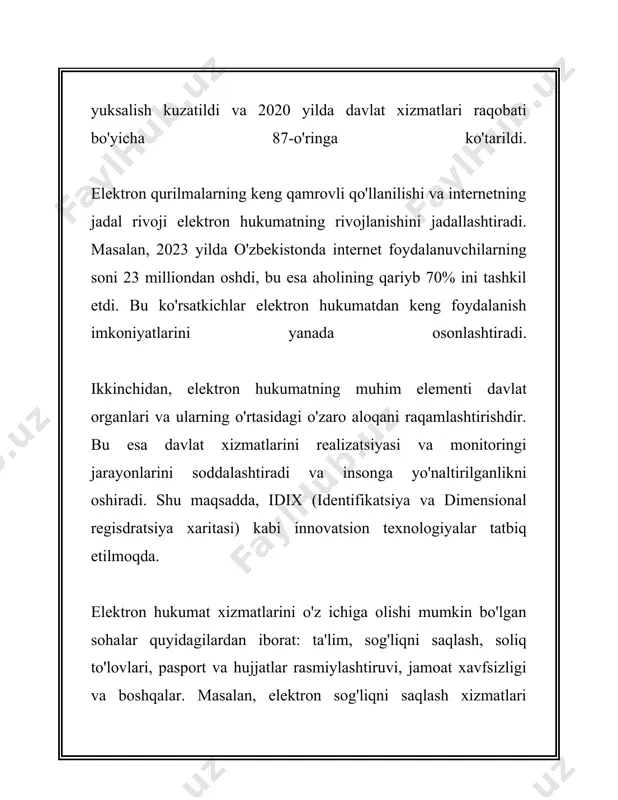 0% ga o'sgan, va ayniqsa shahar aholisida bu raqamlar yaqqol ko‘rinadi, ular orasida elektron xizmatlardan foydalanish ko‘rsatkichlari 70% dan oshib ketgan. elektron xizmatlar tizimining asosiy komponentlari orasida elektron hukumat (e-government), raqamli infratuzilma, axborot xavfsizligi va aloqa tizimlari mavjud. elektron hukumat tizimi davlat organlari o‘rtasidagi ma’lumot almashinuvini raqamli shaklda amalga oshirish va fuqarolar uchun ochiqlikni ta’minlashda muhim rol o‘ynaydi. 2021-yilda elektron hukumat indeksida o‘zbekiston 192 mamlakat orasida 87-o‘rinni egallab, 2017-yildan boshlab 19 pog'ona ko'tarildi. elektron xizmatlar tizimi samaradorligini oshirish va raqamli transformatsiyani davom ettirish maqsadida o‘zbekiston hukumati bir qator loyihalar ustida ishlamoqda. 2025-yilgacha barcha hududlarda keng polosali internet tarmog'iga ulanish darajasini 80% ga yetkazish rejalashtirilgan. bundan tashqari, o'zbekiston hukumati tomonidan raqamli mahoratni rivojlantirish uchun turli dasturlar amalga oshirilmoqda, ularning doirasida 500 mingdan ortiq kishi kompyuter savodxonligini oshirishi rejalashtirilmoqda. davlat tomonidan qo'llab-quvvatlanadigan elektron xizmatlar tizimi raqamli iqtisodiyotning muhim bo‘limi bo‘lib, kelajakda yanada ko'proq xizmat turlarini qamrab olishi kutilmoqda. 2023-yildagi ma'lumotlarga ko‘ra, tezkor …