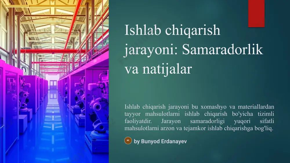 rati ishlab chiqarish jarayonining har bir bosqichida mahsulot sifatini nazorat qilish va muvofiqlikni ta'minlash. mijozlarning fikr-mulohazalarini hisobga olish mijozlarning fikr-mulohazalarini tahlil qilish, mahsulotlarni yaxshilash va sifatni oshirish. sifatni yaxshilash bo'yicha dasturlarni joriy etish sifatni yaxshilashga qaratilgan doimiy ravishda amalga oshiriladigan dasturlarni joriy etish. 9 ishlab chiqarish xarajatlarini kamaytirish xomashyo va materiallarni tejash xomashyo sarfini kamaytirish, qayta ishlash va qayta tiklashni joriy etish. mehnat xarajatlarini optimallashtirish ishchilarni samarali o'qitish, ish tashkilotini yaxshilash va avtomatlashtirishni joriy etish. energiya sarfini kamaytirish energiya tejovchi texnologiyalarni joriy qilish, isitish va sovutish tizimlarini optimallashtirish. ishlab chiqarish jarayonlarini optimallashtirish texnologik jarayonlarni takomillashtirish, xatoliklarni bartaraf etish va samaradorlikni oshirish. 10 ishlab chiqarish jarayonining ekologik ta'siri havoni ifloslantirishni kamaytirish chiqindilarni kamaytirish va tozalash tizimlarini joriy qilish orqali havoni ifloslantiruvchi moddalarni chiqarib tashlashni kamaytirish. suvni ifloslantirishni kamaytirish suv sarfini kamaytirish, chiqindi suvlarni tozalash va qayta ishlatish orqali suvni ifloslantirishni oldini olish. 11 ishlab chiqarish samaradorligini oshirishning asosiy yo'nalishlari 1 texnologiyalarni …