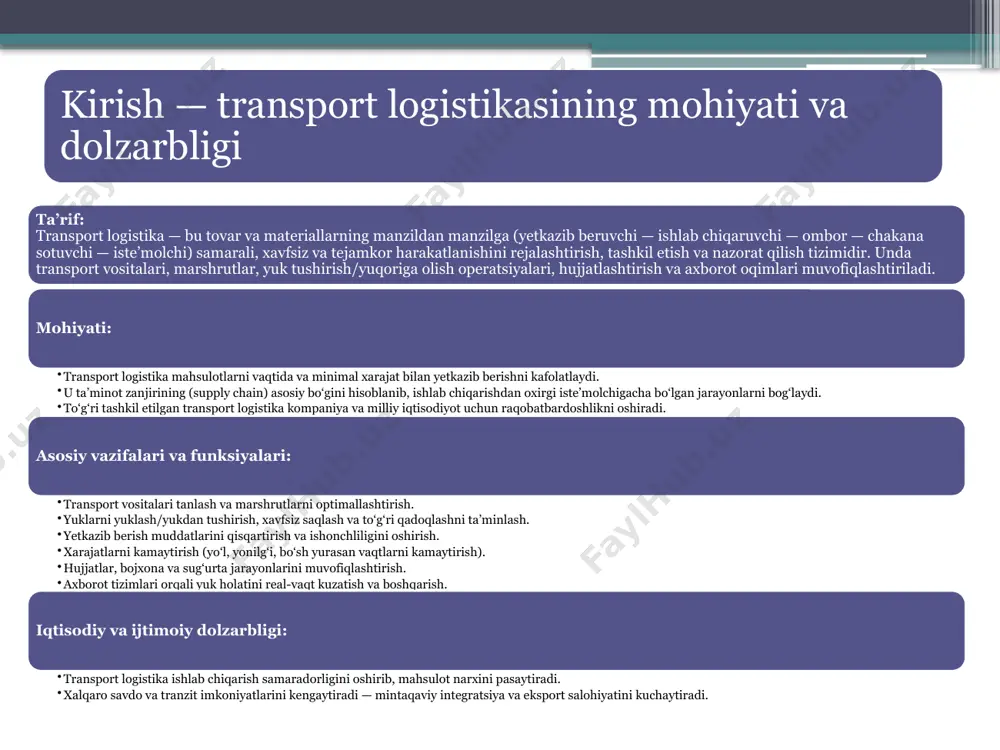 fsiz tashish imkoniyati. avtomobil transporti logistikasining afzallik va kamchiliklari avtomobil transporti logistika tizimida eng keng qo‘llaniladigan transport turi hisoblanadi. chunki u boshqa transport turlariga qaraganda moslashuvchanroq va “eshikdan-eshikkacha” xizmat ko‘rsatish imkonini beradi. afzalliklari: moslashuvchanlik va qulaylik – avtomobil transporti istalgan manzilga to‘g‘ridan-to‘g‘ri yetib borishi mumkin. “eshikdan-eshikkacha” tashish – yukni ishlab chiqaruvchidan to‘g‘ridan-to‘g‘ri iste’molchigacha yetkazib berish imkoniyati. yuklash va tushirish jarayonlarining tezligi – ko‘pincha avtomobil transportida maxsus terminal yoki katta infratuzilma talab qilinmaydi. yuk hajmiga moslashuvchanlik – kichik partiyadagi yuklarni tashishda ham samarali hisoblanadi. marshrutni tanlash erkinligi – yuk egasining talabiga qarab yo‘nalishni o‘zgartirish mumkin. tezkor yetkazib berish – ayniqsa qisqa masofalarda boshqa transportlarga nisbatan tezroq. kamchiliklari: cheklangan yuk sig‘imi – faqat nisbatan kichik hajmdagi yuklarni tashish imkoniyati mavjud. xarajatlarning yuqoriligi – ayniqsa uzoq masofalarda yoqilg‘i sarfi va texnik xizmat xarajatlari katta bo‘ladi. tirbandlik va yo‘l sharoitlariga bog‘liqlik – avtomobil transporti tez-tez tirbandlik, yo‘l nosozligi yoki ob-havo sharoitidan ta’sirlanadi. temir yo‘l …