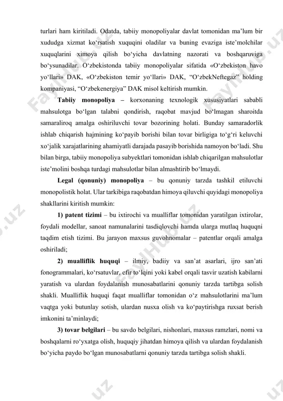 . sun’iy monopoliya o‘z manfaatlari yo‘lida bozor muhiti tuzilishini ataylab o‘zgartiradi, ya’ni: - bozorga yangi raqiblarning kirib kelishiga yo‘l qo‘ymaslik uchun turli to‘siqlar hosil qiladi (xomashyo va energiya manbalarini egallab oladi; banklarning yangi korxonalarga kredit berishini taqiqlashga harakat qiladi va boshqalar); - ishlab chiqarishning eng yuksak darajadagi texnologiyasiga erishib, qolgan raqiblarining bu darajaga chiqishiga imkon bermaydi; - ishlab chiqarish miqyosi samarasidan unumliroq foydalanish imkonini beruvchi nisbatan yirik hajmdagi kapitalni qo‘llaydi; - o‘z faoliyatini yuqori darajada reklama qilish orqali boshqa raqobatchilarni bozordan siqib chiqarishga harakat qiladi. sun’iy monopoliyalar kartel, sindikat, trest, konsorsium, konsern kabi aniq shakllarda namoyon bo‘ladi. monopoliyaning salbiy tomoni sifatida quyidagi jixatlarni ko‘rsatish mumkin: 3) resurslarning oqilona taqsimlanmasligi. bu holat monopoliyalarning yuqori foyda ketidan quvib, sun’iy ravishda ishlab chiqarishni cheklash vositasida narxlarni ko‘tarishi, mahsulotlarning u qadar yaxshi bo‘lmagan turlarini, past texnikaviy darajasini, past sifati hamda sotishning yomon sharoitlarini vujudga keltirishi orqali namoyon bo‘ladi. natijada, raqobat sharoitida amal qiluvchi iqtisodiyot …