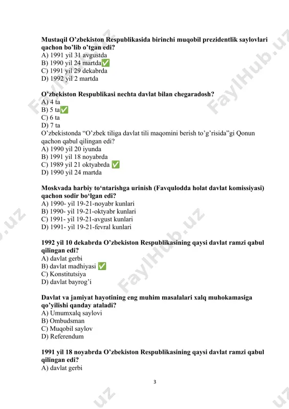 bekiston respublikasi konstitutsiyasiga qanday o‘zgartirish kiritiladi? + referendum orqali oliy majlis yig‘ilishida senat yig‘ilishida oliy kengash yig‘ilishida davlat hokimiyati necha bo‘g‘inga bo‘linadi? a) 1 b) 2 c) 3 d) 4 o‘zbekiston milliy taraqqiyot yo‘li bu – a) bozor munosabatlariga asoslangan huquqiy demokratik davlat qurish b) o‘z milliy xususiyatlarini saqlab qolish c) jahon bozoriga chiqish d) ijtimoiy himoyani mustahkamlash o‘zbekstonning mustaqil taraqqiyot yo‘li bugungi kunda nima deb nomlanadi? a) o‘zbek modeli b) bozor iqtisodiyoti c) demokratik jamiyat d) konstitutsiyaning ustivorligi “o‘zbek modeli” nechta tamoyil asosida joriy etilgan? a) 3✅ b) 6 c) 5 d) 7 taraqqiyotning “o‘zbek modeli” ning asoschisi – a) m.s.gorbachev b) r.nishonov c) v.elsin d) i.a.karimov taraqqiyotning “o‘zbek modeli” qaysi yili ilgari surilgan? a) 1996 yilda b) 1990 yilda c) 1992 yilda d) 1991 yilda mustaqil o’zbekiston respublikasida ikkinchi prezidentlik saylovlari qachon bo’lib o’tgan edi? a) 1991-yil 29-dekabrda b) 2000-yil 9-yanvarda c) 2007-yil 23-dekabrda c) 2015-yil 29-martda qaysi …