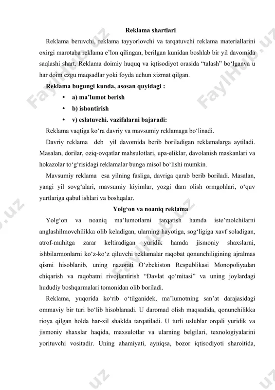 oitida, jamiyatda ishlab chiqaruvchi kuchlar o‘rtasida raqobatning kuchaygan bir davrida oshib boradi. asosiy adabiyotlar: 1. бокарев т. энциклопедия интернет-рекламы. -м.:издательство «промо-ру», 2000 г. 2. высоткин а. реклама в internet: тонкости, советы, примеры и способы работы. м., 1999 3. гуров в.в. интернет для бизнеса. м., 1997