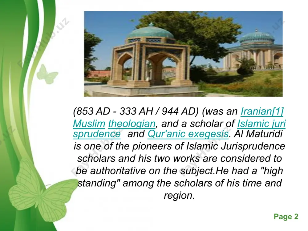 al-tahawi in egypt. free powerpoint templates page ‹#› works while al-ash'ari and al-tahawi were sunni together with al-maturidi, they constructed their own theologies diverging slightly from abu hanifa's school. al-ash'ari, enunciated that god creates the individual's power (qudra), will, and the actual act giving way to a fatalist school of theology, which was later put in a consolidated form by al ghazali. al maturidi, followed in abu hanifa's footsteps, and presented the "notion that god was the creator of man’s acts, although man possessed his own capacity and will to act". al maturidi and al-ash'ari also separated from each other in the issue of the attributes of god, as well as some other minor issues. later, with the impact of persianate states such as great seljuq empire and ottoman empire, hanafi-maturidi school spread to greater areas where the hanafi school of law is prevalent, such as afghanistan, central asia, south …