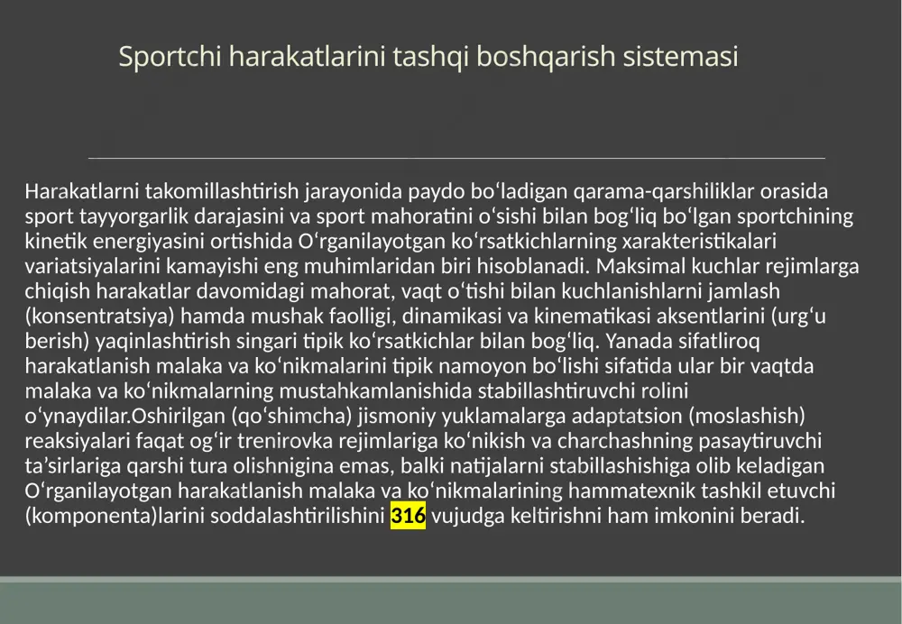 maqsadga yo‘naltirilgan jismoniy yuklama va yo‘qo’lilgan harakatlantiruvchi malaka va ko‘nikmalarni tiklanishini ta’ minlay digan trenaj er qurilmalari va boshqa texnik vositalar keng qo’llanmoqda. sportda qo’llanadigan texnik vositalar - bu sportchi organizmining turli organlariga ta’sir ko‘rsatishda, jarayonlar va o‘quv-trenirovka mashg‘ulotlari natijalari to‘g‘risidama’lumotlaroiishdafoydalaniladigan sistemalar, majmualar, qurilmalar. ular trenirovka qurilmalari, trenirovka moslamalari va trenajerlarga 321 bo‘linadi. 3 trenirovka qurilmalari - bu sport mashqlarini nazorat qilinadigan ta’sirsiz berilgan harakatlar strukturasida bajarilishini ta’minlaydigan texnik vositalar. ularga quyidagilar kiradi: •tananing xususiy vaznini engib o‘tib mashq bajariladigan qurilmalar; (rukoshagoxodlar, gavdani tortishishi uchun (engillatuvchi va yuklamali) stepperlar, simsiz yugurish yo‘lkalari va boshqalar); •tashqi qarshilikni engib o‘tib mashq bajariladigan qurilmalar («nautilus» tipidagi kuch yuklamali qurilma); • biologik teskari aloqada bo‘ladigan sistemalarda tezkor ma’lumot vositalari (turli yorugdik indikatorlari, tovush signalizatorlari). trenajer turlari. trenajerlarning bir nechta turlarini o‘zaro bir-biridan farq qiladilar. vaziyat (situatsion) trenajerlari (i.p.ratov, 1989) jangovar yakkakurashning turli (boks, kikboksing, taekvond0, kontaktli karate) ko‘rinishlarining dasturlashtirilgan vaziyatli videofilmlarini proeksiyalashga (ishlab chiqishga), …