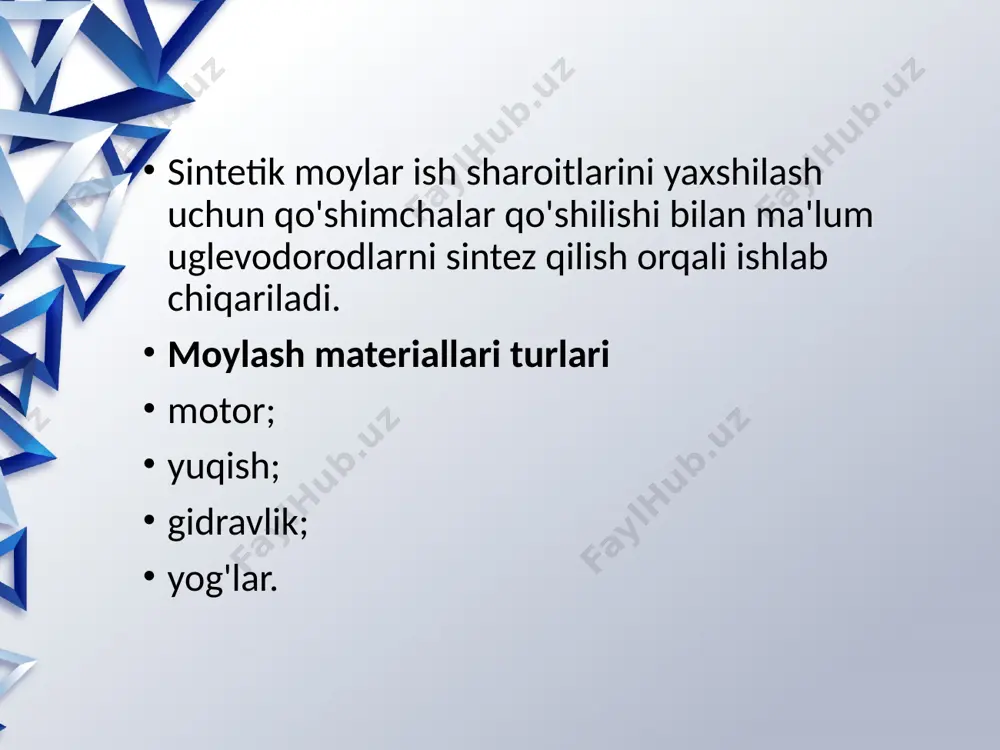 entning viskozitesi filmni yuqori stress va haroratda ushlab turishi kerak. sovuq mavsumda yog'ning viskozitesi mexanizmlarning ishlashiga to'sqinlik qilmasligi kerak, buning uchun yopishqoqlik indeksiga mos keladigan kompozitsiya tanlanadi. transmissiya moylarining vazifalari: ishqalanish va aşınma yo'qotishlarini kamaytirish; aloqa zonalaridan issiqlikni olib tashlash; zarba yuklarini kamaytirish; toksik bo'lmagan va chiqindisiz. arzon etilen glikolga asoslangan antifrizlar toksik texnik suyuqliklardir. propilen glikolga asoslangan kompozitsiyalar kamroq zaharli, ammo ularning narxi ancha yuqori.. texnik suyuqliklar suyuq sovutish tizimi ichki yonish dvigatelining kerakli haroratini saqlab turish uchun mo'ljallangan. u yopiq, ish mexanizmlaridan issiqlikni olib, uni radiator orqali atrof-muhitga o'tkazadi. ilgari elektr stantsiyalari suv bilan sovutilgan, ammo unchalik katta bo'lmagan muzlash va qaynash chegaralari tufayli uni tark etishga to'g'ri kelgan. bundan tashqari, u shkala hosil qiladi va metall korroziya manbai hisoblanadi. keyinchalik, texnik sovutgichlar tarkibida o'zgardi, ammo suv asos bo'lib qoldi. amortizatorlar va tormoz tizimlari uchun suyuqliklar tormoz texnik suyuqliklari mashinalarning gidravlik tizimlarida ishlash uchun mo'ljallangan. ularga quyidagi talablar …