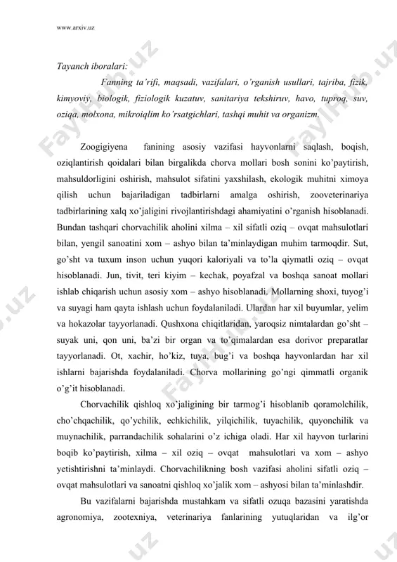 ulotlari va sanoatni qishloq xo’jalik xom – ashyosi bilan ta’minlashdir. bu vazifalarni bajarishda mustahkam va sifatli ozuqa bazasini yaratishda agronomiya, zootexniya, veterinariya fanlarining yutuqlaridan va ilg’or tajribalaridan foydalanish hamda qishloq xo’jaligining hamma tarmoqlarida mexanizasiya, elektrofikasiya va avtomatizasiyani keng qo’llashni taqozo qiladi. hayvonlar va parrandalar bosh sonini ko’paytirish, ularning mahsuldorligini oshirish va mahsulot tannarxini kamaytirish yo’llarini izlash zarur. bunga ixtisoslashtirish, mehnat unumdorligini oshirish va hayvonlarni bir joyga yig’iish hisobiga erishish mumkin. hayvonlarni saqlash, oziqlantirish va ulardan foydalanishda jadal texnologiyani, mexanizasiya va avtomatizasiyani keng joriy etib ixtisoslashgan fermer xo’jaliklarida, parrandachilik fabrikalarida mehnat unumdorligini 5–6 martaga oshirib, mahsulot tannarxini 20 – 30% ga pasaytirish hamda ishlab chiqarilgan mahsulotga oziqa harajatini 1,5 – 2 marta tejashga erishish zarur. chorvachilikni ixtisoslashgan fermer xo’jaliklarida ko’paytirish, ishda ilg’or texnologiyani qo’llash, hayvonlar va parrandalar organizmining fiziologik talabiga qarab tuyimli oziqa rasionini tuzish, sifatli oziqa va suv bilan ta’minlash, mikroiqlim talabiga javob beradigan binolar qurish, hamma ishlab chiqarish jarayonlarini …