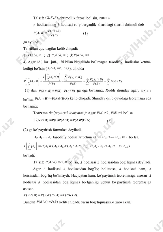 ( 1 0 + = = = = n a p a p a p n i n i a b p i = ) / ( ) 1 ( 2 2 1 ) 1 ( 1 ) 1 ( 1 1 1 1 ) / ( 0 0 + = × + = + + = × + × + = å å = = n n i n n i k n n n n i n k n n i n b a p n k n k i n a shartli ehtimol. hodisalarning bog`liqsizligi agar hodisa ehtimolligini topishda kompleks shartlardan boshqa shartlar talab qilinmasa, bunday ehtimollikni shartsiz ehtimollik deyiladi ko`pgina hollarda qandaydir tasodifiy hodisa ehtimolligini musbat ehtimolga ega bo`lgan boshqa bir tasodifiy hodisasi ro`y berganlik shartida topishga to`g`ri keladi. bunday ehtimollikka shartli ehtimollik deyiladi va kabi belgilanib, ning shartidagi ehtimolligi deb o`qiladi. misol: o`yin soqqasi ikki …