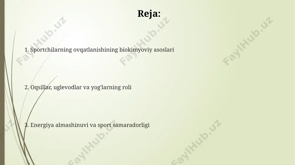 mg dan ortiq c vitamini va 200 mg dan ortiq e vitamini kerak bo'ladi, bu esa antioksidant himoyasini kuchaytiradi va yallig'lanishni kamaytiradi. energetik moddalar almashinuvi va jismoniy mashqlar uzoq muddatli aerob mashqlari (masalan, marafon) asosan yog' kislotalarining beta-oksidlanishi va oksidlovchi fosforillanish orqali atp hosil bo'lishi hisobiga amalga oshiriladi. glykogen zaxiralarining tugashi va mushaklar glyukoza miqdorining pasayishi natijasida charchoq va ishlash qobiliyatining pasayishi kuzatiladi, bu esa 2-3 soatdan ortiq intensiv mashqlar paytida muhim rol o'ynaydi. yuqori intensivlikdagi mashqlar paytida atpning 95% gacha qismi glyukoliz va kreatin fosfat sistemasidan, qolgan qismi esa oksidlovchi fosforillanish orqali ta'minlanadi. e'tiboringiz uchun rahmat @taqdimot_robot