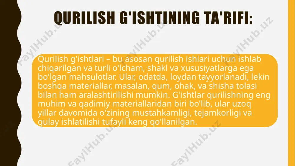a chidamlilik xususiyatiga ham ega bo'lishi kerak, chunki qurilishdagi boshqa materiallar kabi, u ham suvni yutishi va mo'rtlashib ketishi mumkin. shuning uchun, ko'plab g'ishtlar maxsus ishlov beriladi yoki maxsus aralashmalar qo'llaniladi. shu bilan birga, izolyatsiya xususiyatlari ham g'ishtlarning ahamiyatli jihatlaridan biridir, chunki g'ishtlar yaxshi izolyatsiya materiallari bo'lib, ular issiqlikni saqlashda yordam beradi. qurilish g'ishtlari ishlab chiqarish jarayoni odatda bir necha bosqichdan iborat bo'ladi. dastlab, xom ashyo tayyorlanadi, ya'ni loy, qum va boshqa materiallar aralashtiriladi. keyin, bu aralashma maxsus shakllarga solinadi va quritiladi. quritish jarayoni tabiiy yoki mexanik ravishda amalga oshirilishi mumkin. so'ngra, shakllangan g'ishtlar maxsus pechlarda pishiriladi. pishirish jarayoni g'ishtlarning mustahkamligini oshiradi va ularni uzoq muddatli foydalanishga yaroqli qiladi. qurilish g'ishtlari qadim zamonlardan beri insoniyatning qurilish materiallari sifatida foydalanib kelgan. dastlabki g'ishtlar tabiiy loydan shakllantirilgan va quyoshda quritilgan. qadimgi misrda, mezopotamiyada va boshqa qadimiy sivilizatsiyalarda g'ishtlar muhim qurilish materiali bo'lgan. bugungi kunda, g'isht ishlab chiqarish jarayoni avtomatlashtirilgan bo'lib, turli qo'shimcha …