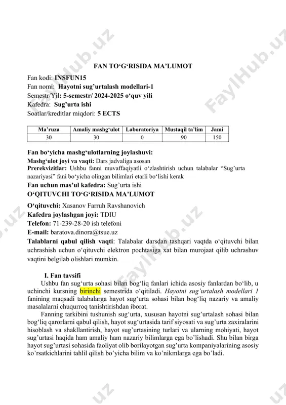 aqsadi, vazifalari va mohiyatini izohlash imkonini beradigan bilimlarga ega bo‘ladi. 2. hayotni sug‘urtalashning iqtisodiyot va ijtimoiy hayotdagi o‘rnini asoslab bera oladi. 3. sug‘urta atamalarini amaliyotda o‘rinli ishlatish bo‘yicha ko‘nikmalarga ega bo‘ladi. 4. sug‘urta tarmoqlarini bir-biridan farqlaydi. 5. hayotni sug’urtalash sohasida mavjud sug’urta turlari va ularning hususiyatlari haqida tasavvurga ega bo‘ladi. 6. hayotni sug‘urtalash bo’yicha sug’urta zaxiralari va ularning shakllanish manbalari to‘g‘risida tushunchaga ega bo‘ladi. 7. hayotni sug‘urtalash sohasini tartibga soluvchi qonun va qonunosti hujjatlar haqida tasavvurga ega bo‘ladi. iv. ta’lim berish usullari 1. real vaziyatga asoslangan amaliy ishlarni bajarish; 1. esse, tezis va maqolalar yozish; 1. vaziyatli topshiriqlarni (keys-stadi) еchish; 1. jarayonli-yo‘naltirilgan ta’lim; 1. muhokamalarda ishtirok etish; 1. kichik guruhlarda ishlash; 1. loyiha ishi bajarish; 1. mustaqil ishlar bajarish; 1. taqdimot tayyorlash; 1. turli darajadagi testlarni еchish; 1. muammoni hal qilish. v. fanning tarkibiy tuzilishi: t/r mavzular maʼruza, amaliy va seminar mashg‘ulotlari rejasi soatlar maʼruza mashg‘ulot-lari amaliy va seminar mashg‘ulot-lari …