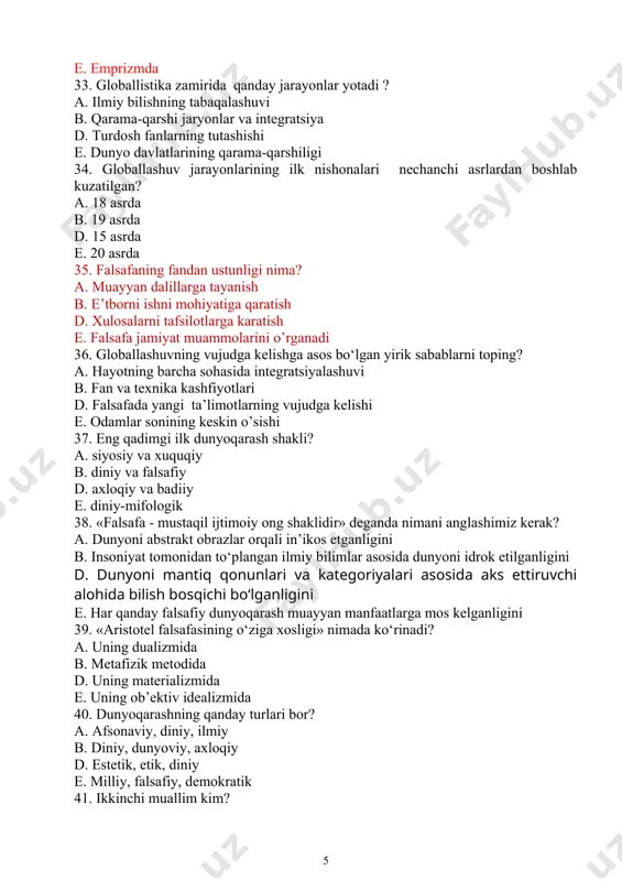 . havo tashkil qiladi e. suv tashkil qiladi 46. pifagor qanday jamiyat tarafdori bo’lgan? a. demokratiyani b. aristokratiyani d. totalitarizmni e. tiraniyani 47. apologetika so’zining lug’aviy ma’nosi? a. taqlid qilish b. himoya qilish d. inkor qilish e. tanqid qilish 48. “patristika” so’zi … a. “ota” (“padre”) so’zidan kelib chiqqan b. himoya qilish so’zidan kelib chiqqan d. aniq so’zidan kelib chiqqan e. dalillar so’zidan kelib chiqqan 49. ilk o’rta asrlarda falsafiy tafakkur rivojlanishining asosiy shakllari nimalar bo’lgan? a. apologetika va patristika bo’lgan b. patristika bo’lgan d. apologetika bo’lgan e. ilk o’rta asrlarda falsafiy tafakkur rivojlanish bosqichida o’zgarish bo’lmagan 50. «avesto»da axloqiy uchlikni ko‘rsating: a. yaxshilik, ezgulik, yorug‘lik b. yorug‘lik, issiqlik, ziyolik d. ezgu fikr, ezgu so‘z, ezgu amal e. yomonlik, yovuzlik, zulmat 51. forobiy bilishning qanday shakllarini farqlaydi? a. kundalik va hissiy b. hissiy va oqilona d. kuzatish va ekspremint e. aqliy va kuzatish 52. falsafaning rivojlanib borishi jarayonida undan dastlab …