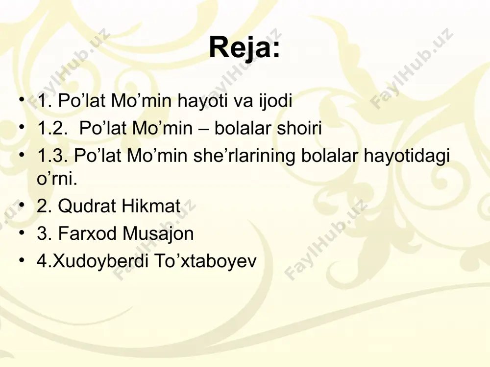 88), kabi qator to`plamlari uning o`ziga xos ovozga ega talantli shoir ekanligidan dalolat beradi. qudrat hikmat (1925-1968) qudrat hikmat 1925-yilda toshkent shahrida kambag’al dehqon oilasida tug’ilgan. bo`lajak shoir quddus muhammadiy rahbarlik qilgan adabiyot to`garagida faol ishtirok etadi. bu to`garak uning she’riyat sirlarini egallashida katta rol’ o`ynaydi. q.hikmatning ijodiy o`sishida oybek, abdulla qahhor, uyg’un, mirtemir, quddus muhammadiylarning murabbiylik roli katta bo`ldi. q.hikmat bolalar uchun 1945-yildan boshlab she’rlar yoza boshlaydi. uning dastlabki she’rlari bolalar va yoshlar gazetalarida hamda jurnallarida bosila boshlaydi. q.hikmat bir qancha vaqt chirchiq shahar gazetasida ishlaydi. shu bilan birga mehnatdan ajralmagan holda hozirgi toshkent davlat pedagogika unversitetida o`qiydi. 1957- yildan umrining oxirigacha turli nashriyotlarda redaktor, bo`lim boshliqi ifatida yosh avlodga kitoblar chop etishda fidoyilik qiladi. qudrat hikmatning “mening vatanim” (1950), “baxtli bolalar” (1951-1952), “obodlik” (1953), “do`stlik” (1950), “rodnoy uzbekistan” (1955) kabi qator to`plamlari nashr etildi. keyinchalik “ilon shoh va uning amaldori ari haqida ertak” (1963), “soatjonning soati” (1964), “toshbaqalar …