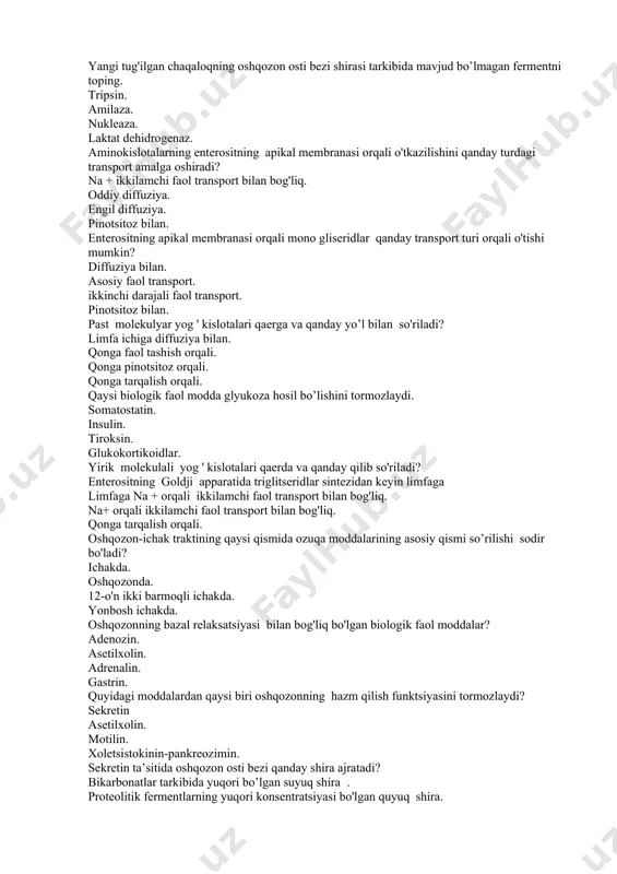 membranasi orqali o'tkazilishini qanday turdagi transport amalga oshiradi? na + ikkilamchi faol transport bilan bog'liq. oddiy diffuziya. engil diffuziya. pinotsitoz bilan. enterositning apikal membranasi orqali mono gliseridlar qanday transport turi orqali o'tishi mumkin? diffuziya bilan. asosiy faol transport. ikkinchi darajali faol transport. pinotsitoz bilan. past molekulyar yog ' kislotalari qaerga va qanday yo’l bilan so'riladi? limfa ichiga diffuziya bilan. qonga faol tashish orqali. qonga pinotsitoz orqali. qonga tarqalish orqali. qaysi biologik faol modda glyukoza hosil bo’lishini tormozlaydi. somatostatin. insulin. tiroksin. glukokortikoidlar. yirik molekulali yog ' kislotalari qaerda va qanday qilib so'riladi? enterositning goldji apparatida triglitseridlar sintezidan keyin limfaga limfaga na + orqali ikkilamchi faol transport bilan bog'liq. na+ orqali ikkilamchi faol transport bilan bog'liq. qonga tarqalish orqali. oshqozon-ichak traktining qaysi qismida ozuqa moddalarining asosiy qismi so’rilishi sodir bo'ladi? ichakda. oshqozonda. 12-o'n ikki barmoqli ichakda. yonbosh ichakda. oshqozonning bazal relaksatsiyasi bilan bog'liq bo'lgan biologik faol moddalar? adenozin. asetilxolin. adrenalin. gastrin. quyidagi …