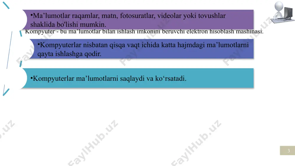tinglashingiz mumkin. ovoz chiqargichlarning xususiyatlari 1 ovoz sifati past bo‘lgan kichik, plastik kompyuter ovoz chiqargichlari ko‘pincha kompyuter tizimlariga kiritilgan 2 ular har xil o‘lchamlarda keladi, shuning uchun ham osongina olib yurish mumkin 4. eshitish vositalari siz boshqalarni bezovta qilmasdan kompyuterdan musiqa yoki boshqa tovushlarni tinglash uchun eshitish vositalaridan foydalanishingiz mumkin. 5. proyektor proyektor kompyuterdan tasvirlarni qabul qiluvchi va foydalanuvchilarga o'z chiqishini ekran yoki devor kabi katta maydonga proyeksiya qilish imkonini beruvchi chiqish qurilmasi. kompyuter avval signalni video kartaga yuboradi, so'ngra proyektorga tasvirlarni sirt ustida aks ettirish uchun uzatadi. proyektorlar yorug'lik va linzalar yordamida matnlar, fotosuratlar va filmlarni kattalashtiradi. proyektorning xususiyatlari 1 proyektorlar yengil, ularni osongina ulash va devorga osib qo'yish mumkin 2 proyektorlar uyingizda katta ekranli video uchun eng tejamkor variant bo'lishi mumkin 3 orqa javon yoki kitob javoniga o'rnatilgan yoki shiftga o'rnatilgan kichik proyektor polda hech qanday joy egallamaydi 6. plotter plotter - bu yuqori sifatli grafikalar, chizmalar yoki …