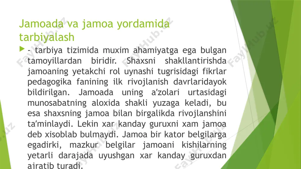 birinchibosqichda o’qituvchibutunguruhgatalabqo’yadihamdamazkurjarayondajamoafaollariningshakllanishigaalohidaeʼtiborqaratadi. ikkinchibosqichda muayyandarajadashakllanganjamoafaollari(aktivi)jamoaaʼzolarioldigamaʼlumtalablarniqo’yadi. uchinchibosqichda jamoaumumiyholdajamoaningharaʼzosidanmuayyantarzdagifaoliyatniolibborishnitalabqiladi. to’rtinchibosqichda jamoaningharbiraʼzosio’zoldigamustaqilravishdajamoamanfaatlariniifodaetuvchitalabniqo’yishlayoqatigaegabo’ladi. jamoani shakllantirishda jamoa aʼzolari va ularning faoliyatlariga kuyiladigan yagona talablar muxim axamiyat kasb etadi. yagona talab ukuvchilarning dars jarayonidagi, tanaffus, sinfdan tashkari ishlar vaktidagi, shuningdek, jamoat joylari xamda oiladagi xulk-atvor koidalarni uz ichiga oladi. puxta uylab kuyilgan talablar tizimining muntazam amalga oshirilishi maktabda muayyan tartibning urnatilishini taʼminlaydi. ukituvchilar tomonidan kuyilgan talablar kuyidagi sharoitlarda ijobiy natija beradi: 1. kuyilayotgan talablar ukuvchi shaxsini xurmat kilish tuygusi bilan uygunlashgan bulishi kerak. 2. talablar muayyan maktab yoki sinfdagi mavjud sharoitni xisobga olgan xolda kuyilishi lozim. 3. jamoaga nisbatan kuyilayotgan talablar anik bulishi lozim. 4. ukuvchilarning tashki kiyofasi, kiyinishi, yurish-turishi xamda muomalasiga nisbatan kuyilayotgan talablar, ularda maʼnaviy madaniyatni shakllantirishga xizmat kilishi shart. o’quvchilar jamoasini shakllantirishda anʼanalar muhim o’rin tutadi. jamoaanʼanalarishartliravishdaikkigabo’linadi: a)kundalikfaoliyatanʼanalari; b)bayramanʼanalari. kundalikfaoliyatanʼanalari o’quvchilarningo’quvfaoliyati(o’zaroyordamturlari)vamehnatfaoliyati(ko’chatlaro’tkazish,hasharlaruyushtirishvaboshqalar)nio’zichigaoladi. bayramanʼanalari ijtimoiyahamiyatgaegaturlivoqeahamdahodisalarbilanbog’liqsanalar(xususan, «аlifbebayrami», «mustakillikbayrami», «navro’zbayrami», «xotiravaqadrlashkuni»vaboshqalar)ninishonlashmaqsadidatashkiletilganfaoliyatkiradi. bolalar jamoalarida rasmi