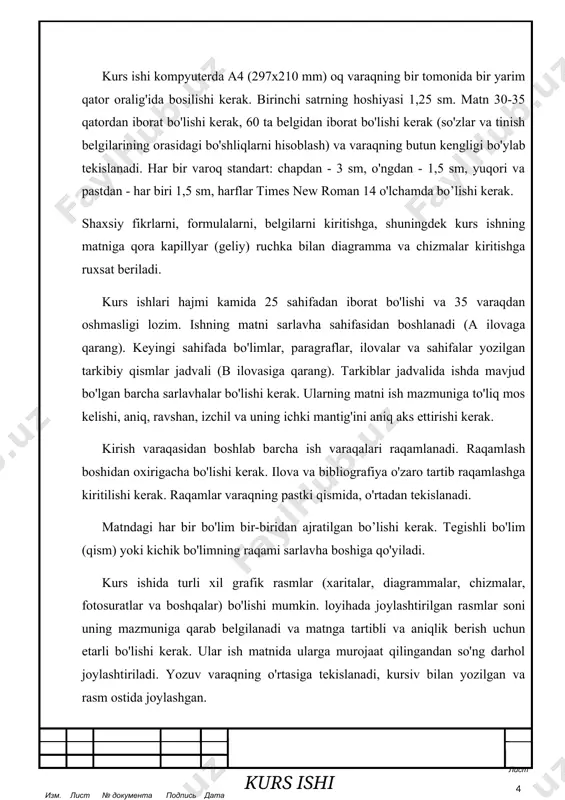 mlar soni uning mazmuniga qarab belgilanadi va matnga tartibli va aniqlik berish uchun etarli bo'lishi kerak. ular ish matnida ularga murojaat qilingandan so'ng darhol joylashtiriladi. yozuv varaqning o'rtasiga tekislanadi, kursiv bilan yozilgan va rasm ostida joylashgan. kurs ishiga joylashtirilgan raqamli material, jadval ko'rinishida chiqarish tavsiya etiladi. jadvallar varaqqa rasmlar singari joylashtirilishi kerak. har bir jadvalga o'tish raqami va imzo qo'shiladi. jadval sarlavhasi birinchi satrni ko'rsatmasdan varaqning chap chetiga tekislanadi, kursiv bilan yoziladi va jadvalning tepasida joylashgan. no.,%, +, -, , = va hokazo belgilar faqat sonli qiymatlar uchun ishlatilishi kerak. matnda bu belgilar so'zlar bilan yozilishi kerak. hisob birliklari va fizik kattaliklarni o'lchash birliklarining harf belgilari matnda faqat bo'sh joy bilan ajratilgan sonli qiymatlar bilan qo'llaniladi (masalan: 5 dona, 10 mb). matematik belgilarning belgilari +, -, , =, ,:, / ikkala tomondan bo'sh joylar bilan ajratilgan. masalan: a + b = c, d 2m) 0 0 0 0.1026 48+2 pvv …