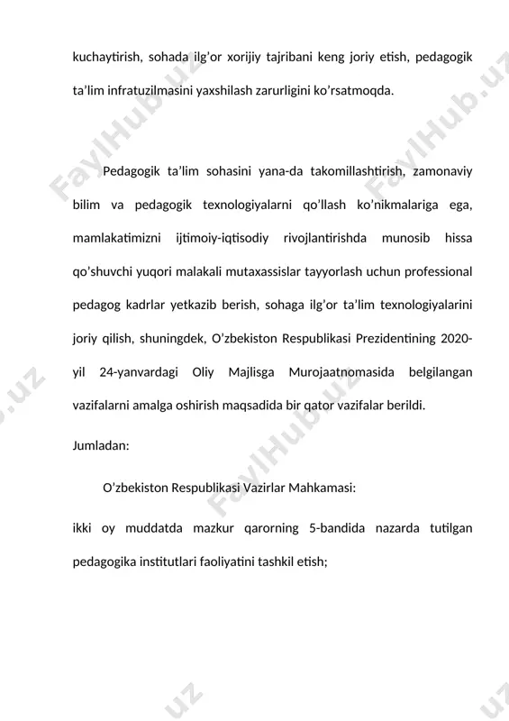 yev, qashqadaryo viloyati hokimi z.t.mirzayev, samarqand viloyati hokimi e.o.turdimov, surxondaryo viloyati hokimi t.a.bobolov – hududlarda tashkil etilayotgan pedagogika institutlari faoliyatini to’laqonli yo’lga qo’yishda har tomonlama ko’maklashsinlar; mas’ul vazirlik va idoralar rahbarlari – mazkur qarorda nazarda tutilgan tadbirlarni o’z vaqtida, sifatli va to’liq bajarish yuzasidan zarur choralar ko’rsinlar; o’zbekiston milliy axborot agentligi bosh direktori a.k.ko’chimov, o’zbekiston milliy teleradiokompaniyasi raisi v.b. a.d.xadjayev – ushbu qarorning mazmun-mohiyati va amaliy ahamiyatini yoritishga oid maqolalar, brifinglar, press-konferensiyalar, tematik teleko’rsatuvlar tashkil etsinlar. mazkur qarorning ijrosini nazorat qilish o’zbekiston respublikasining bosh vaziri a.n.aripov va o’zbekiston respublikasi prezidentining maslahatchisi a.a.abduvaxitov zimmasiga yuklansin. o’zbekiston respublikasi prezidenti sh.mirziyoyev kurs ishining maqsadi: pedagogika sohasi va bu sohadagi asosiy yondashuvlarni o’rganish kurs ishining predmeti: pedagogika sohasidagi metodlar, va ularning mazmuni kurs ishining vazifalari: 1. pedagogika sohasini bugungi kunda o’rganish 2. bu sohadagi yangliklardan habardar bo’lish 3. bu sohadagi metodlarni o’rganish va bularni tadbiq qilish i bob. pedagogika pedagogika (gr. paіda — bola, …